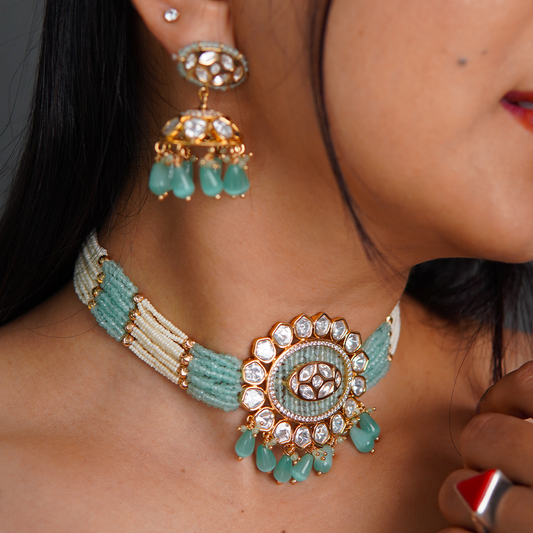 Mistful Turquoise Polki Choker Set