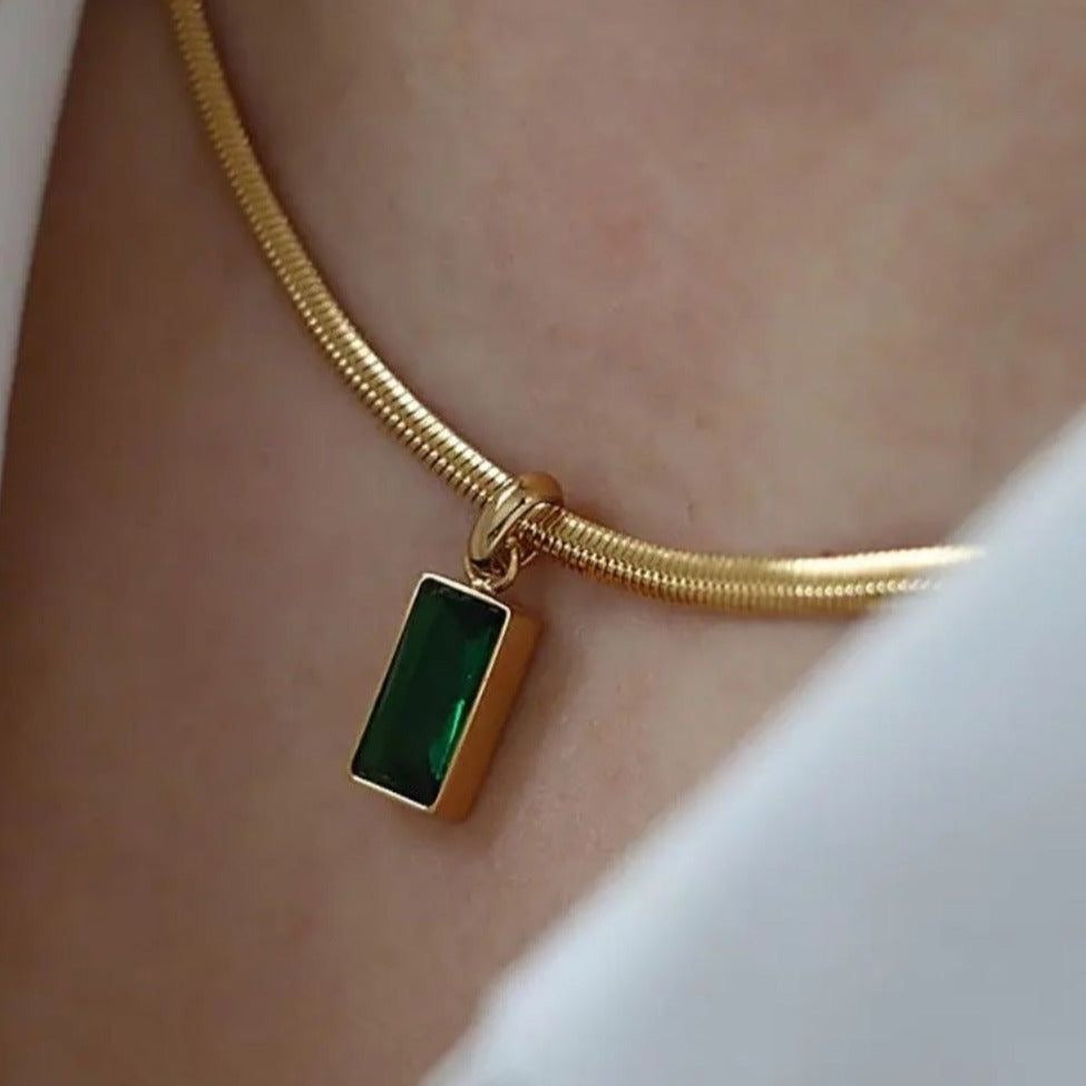 Green Stone Gold-Plated Stainless Steel Pendant Set