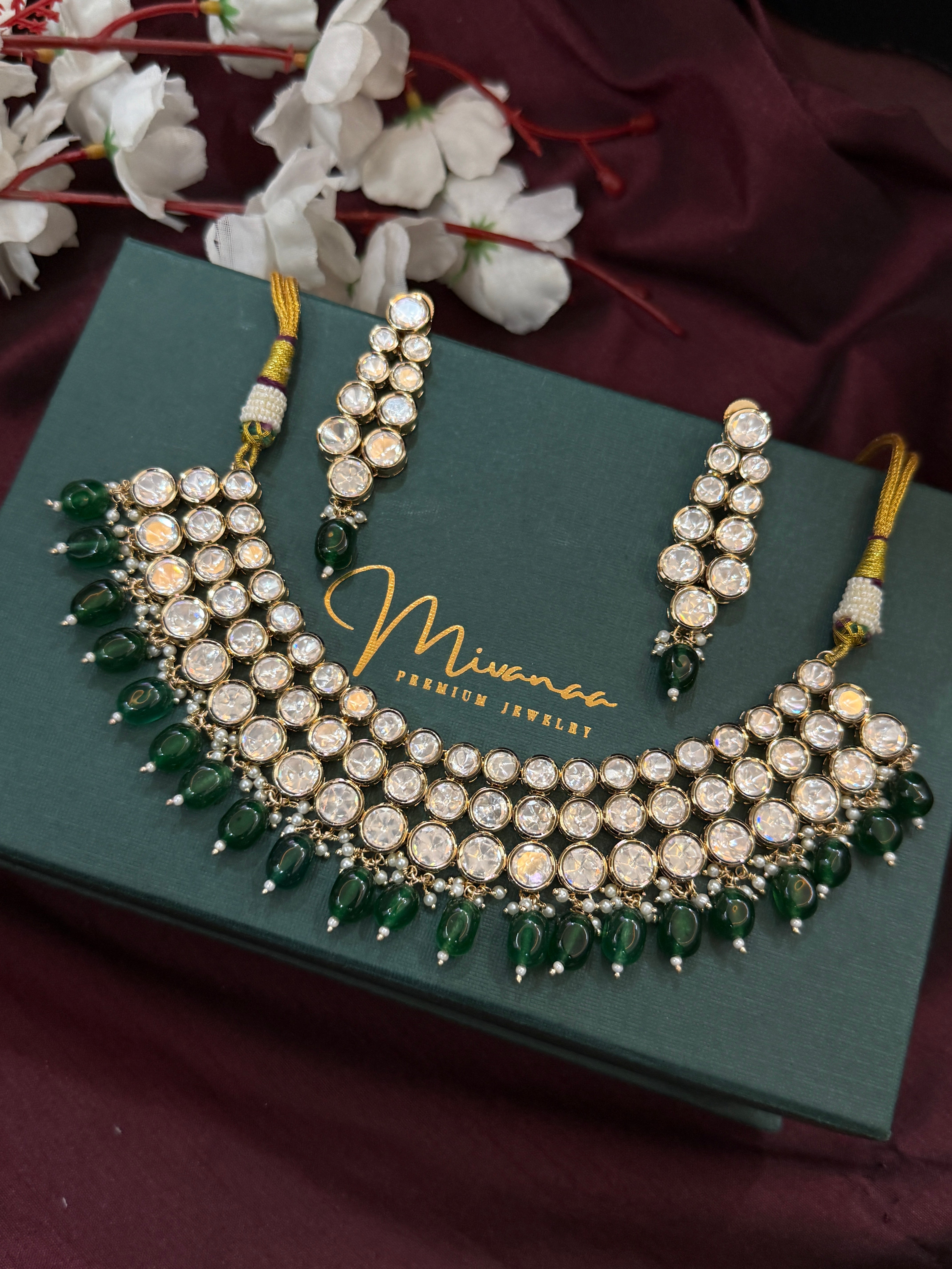 Royal Emerald Green Moissanite Kundan Bridal Necklace & Earrings Set