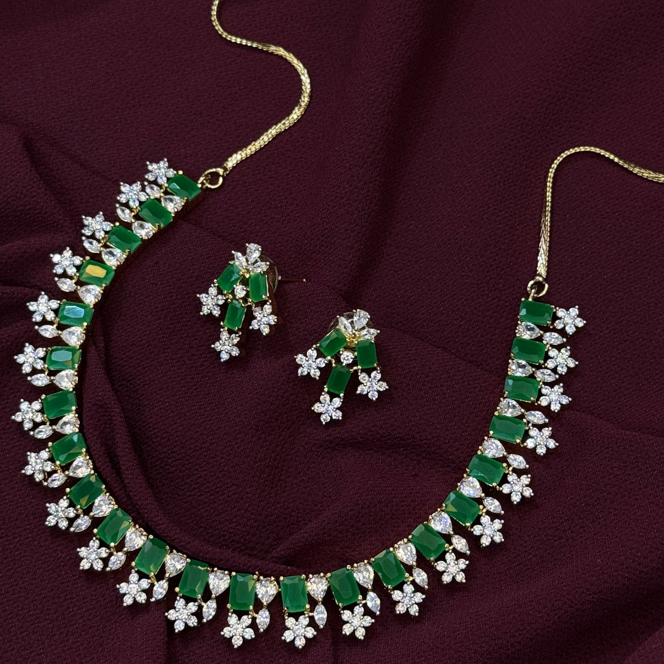 Emerald & Diamond Look Necklace Set - Partywear Jewelry
