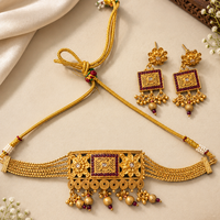 Gold Polish Floral Necklace Set with Red Accents and Matching Earrings