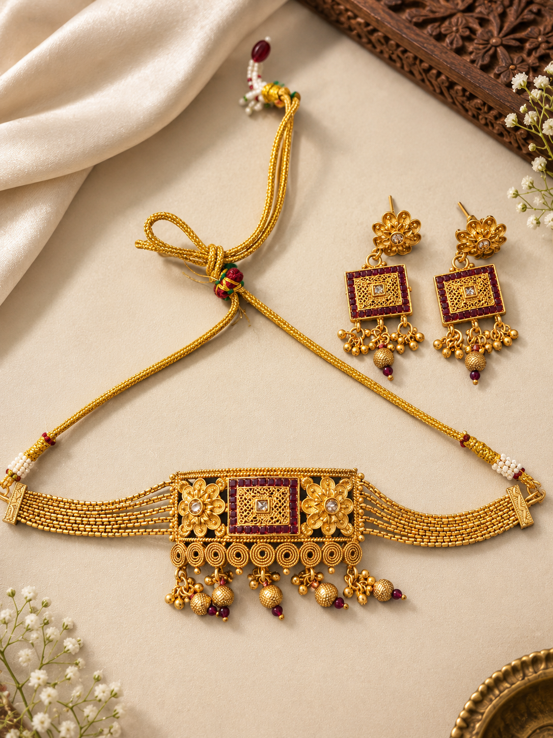 Gold Polish Floral Necklace Set with Red Accents and Matching Earrings