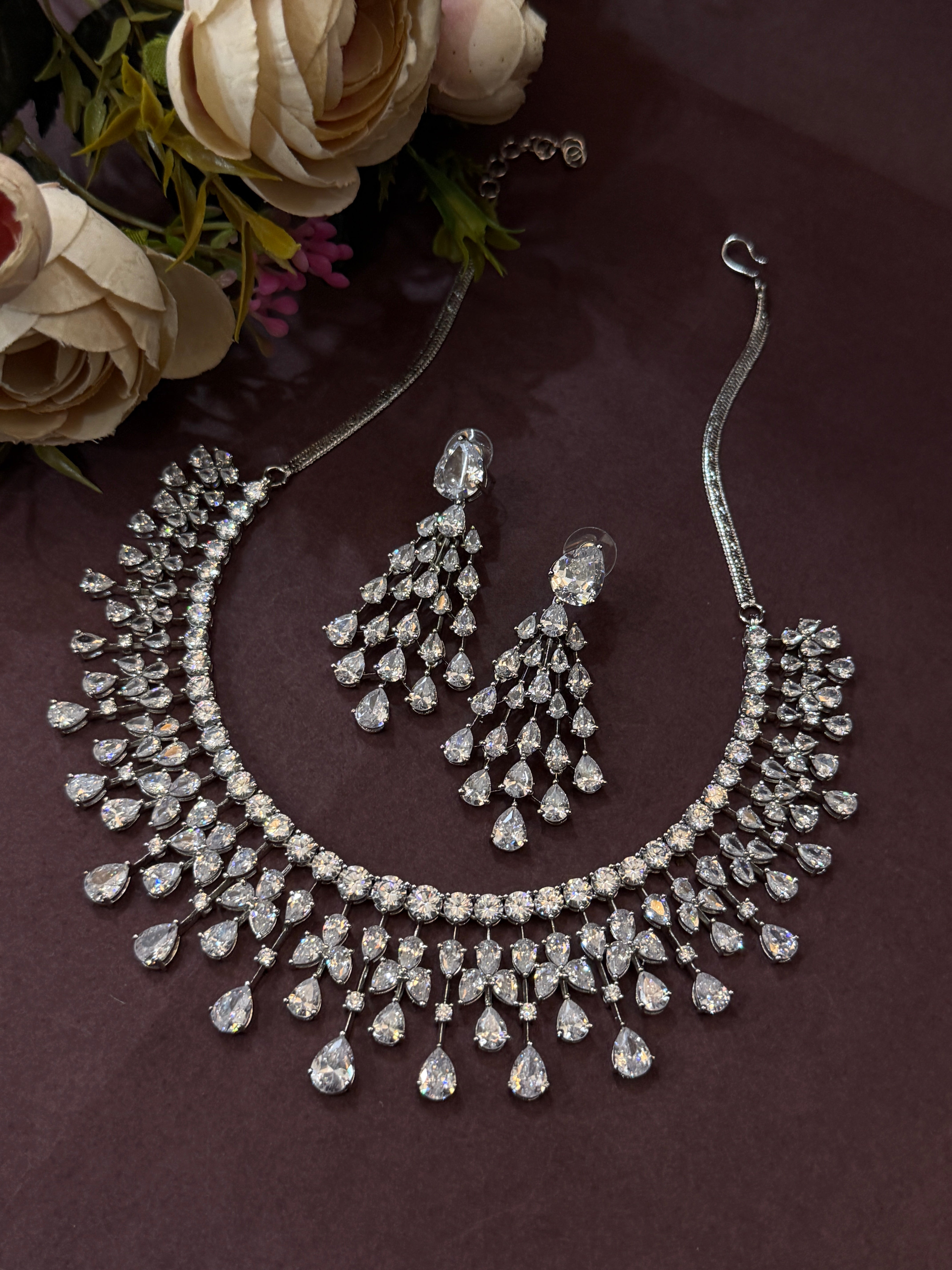 Glamorous Waterdrop CZ Necklace Set with Statement Earrings