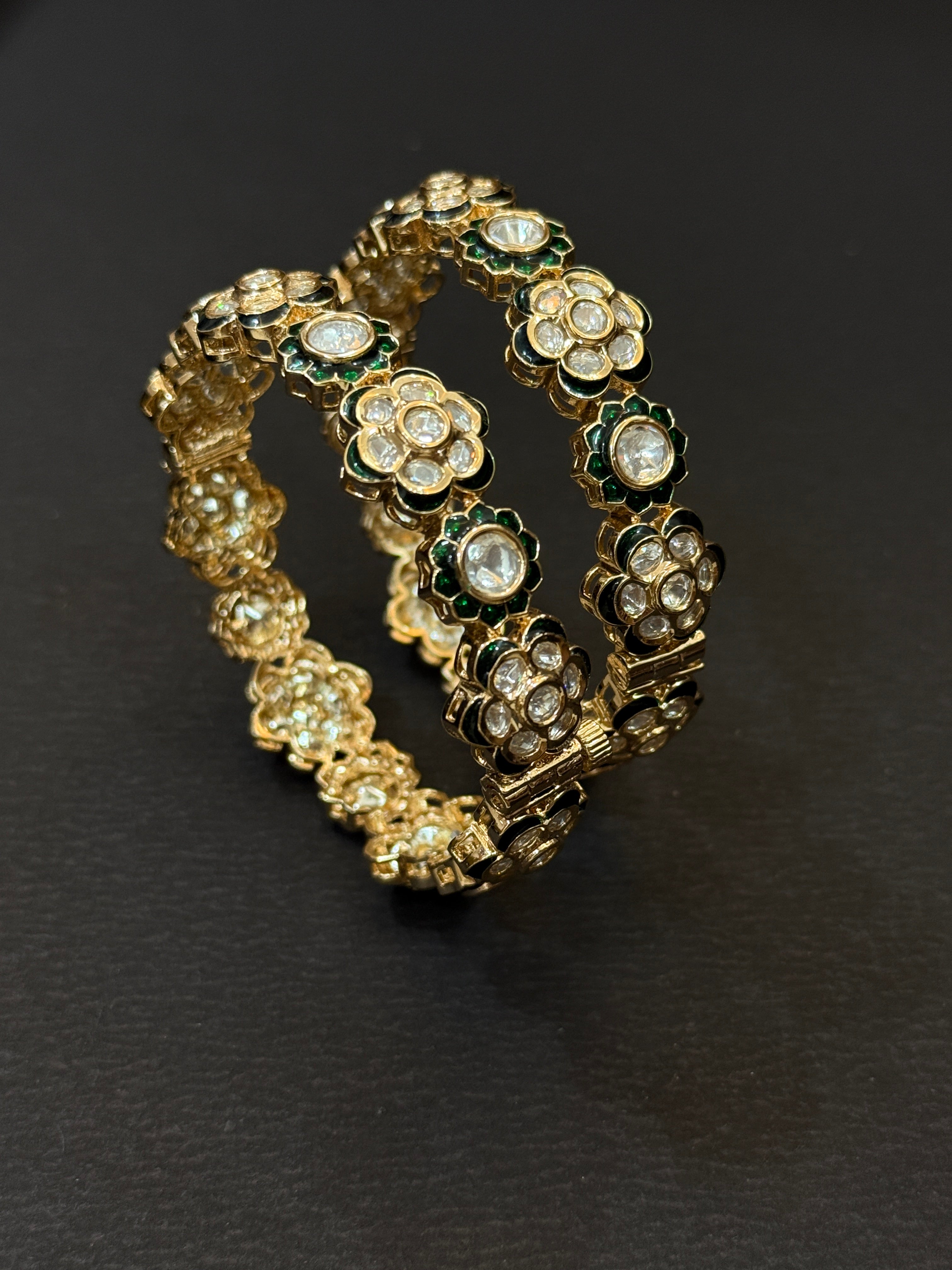 Floral Kundan Green Enamel Bangles