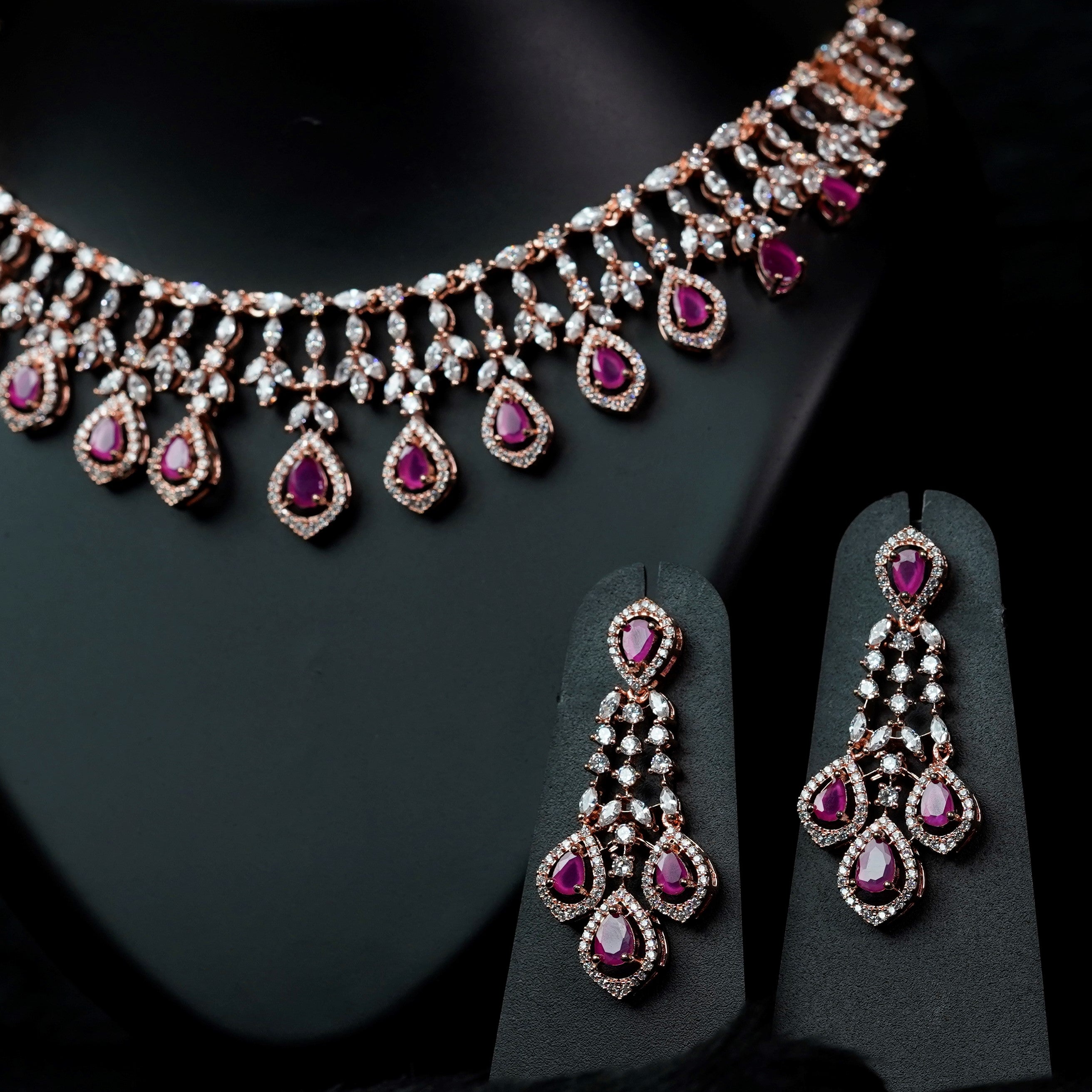 Gracy Ruby Rose gold CZ Designer Necklace Set-Mivanaa