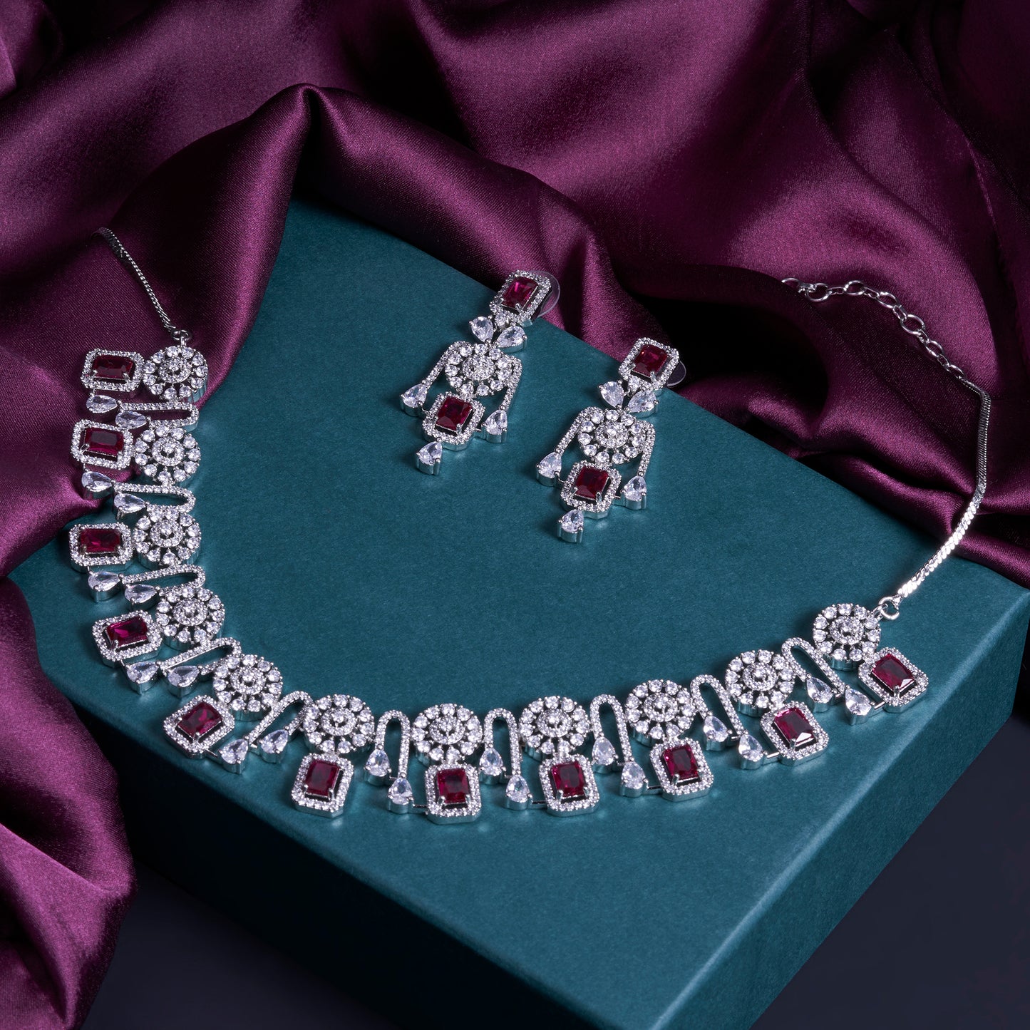 CZ Stone Bollywood style Ruby Jewelry Set - Mivanaa