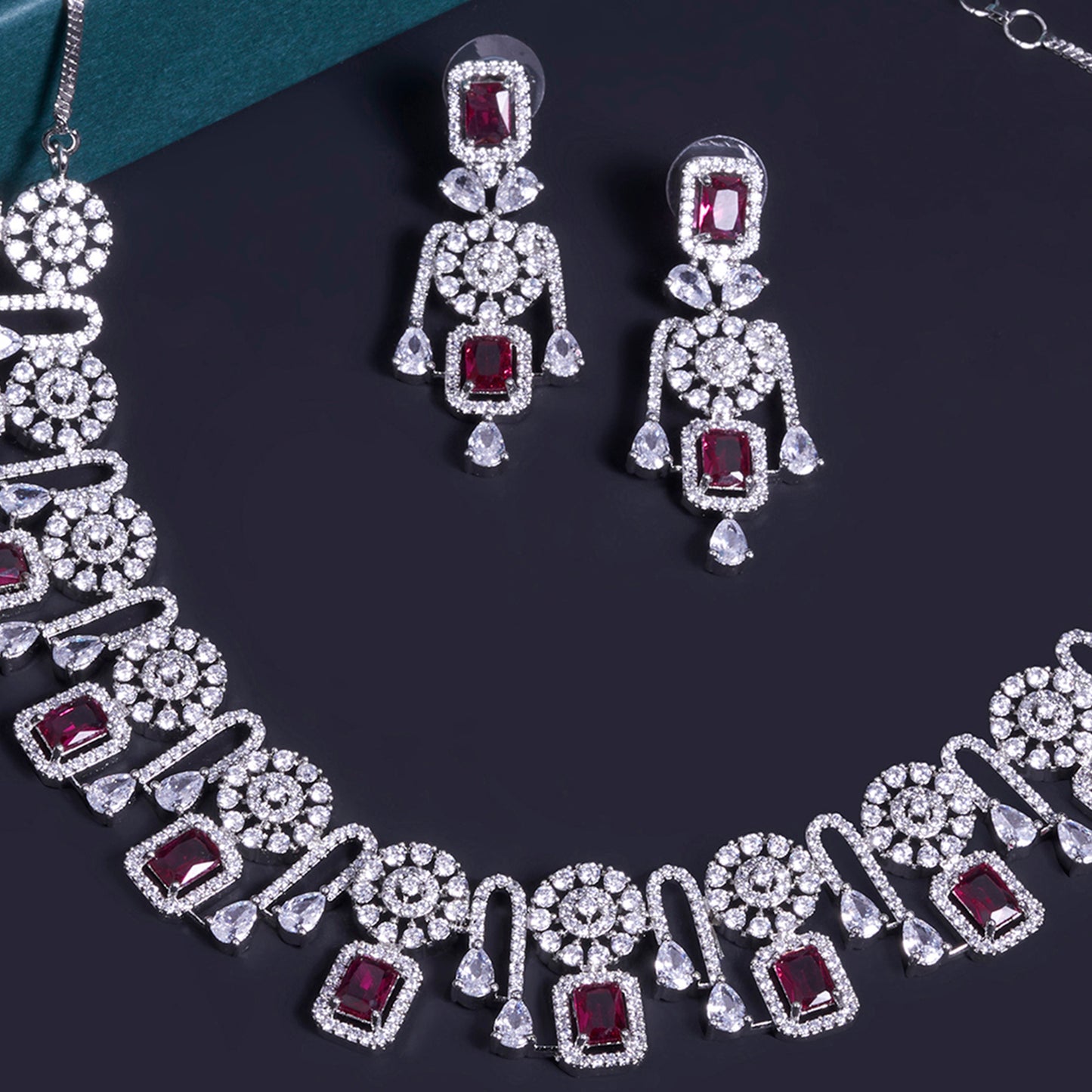 CZ Stone Bollywood style Ruby Jewelry Set - Mivanaa