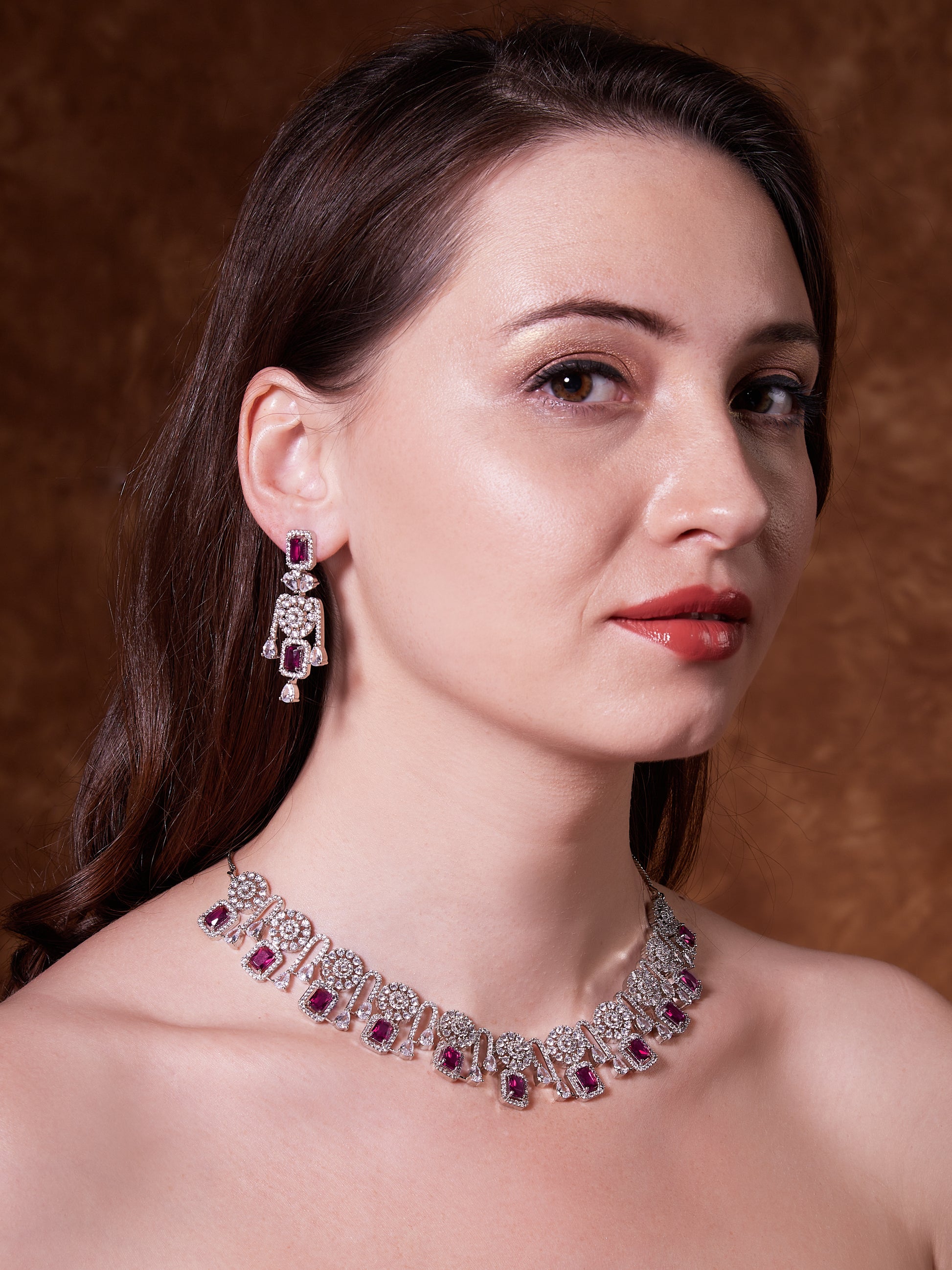 CZ Stone Bollywood style Ruby Jewelry Set - Mivanaa