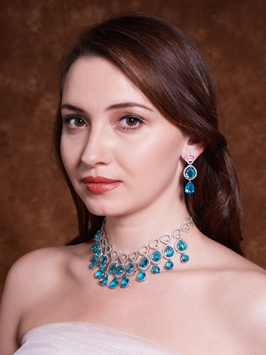 Sapphire Sky Spark- Partywear American Diamond Collection with Earring - Mivanaa