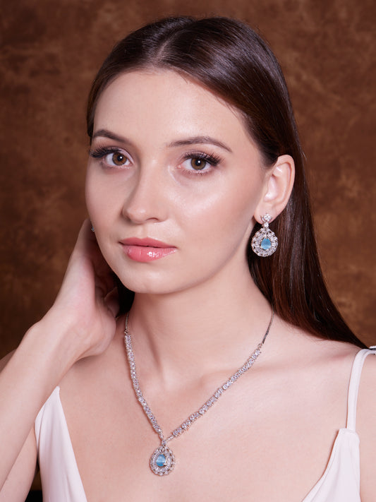 Sapphire Brilliance Ensemble- American Diamond Necklace with Earings - Mivanaa