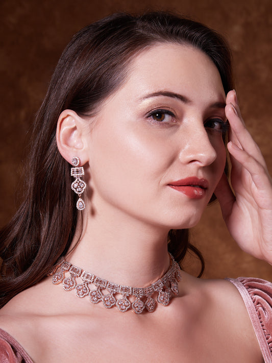 Rose Gold CZ Stone Partywear Necklace Set - Mivanaa