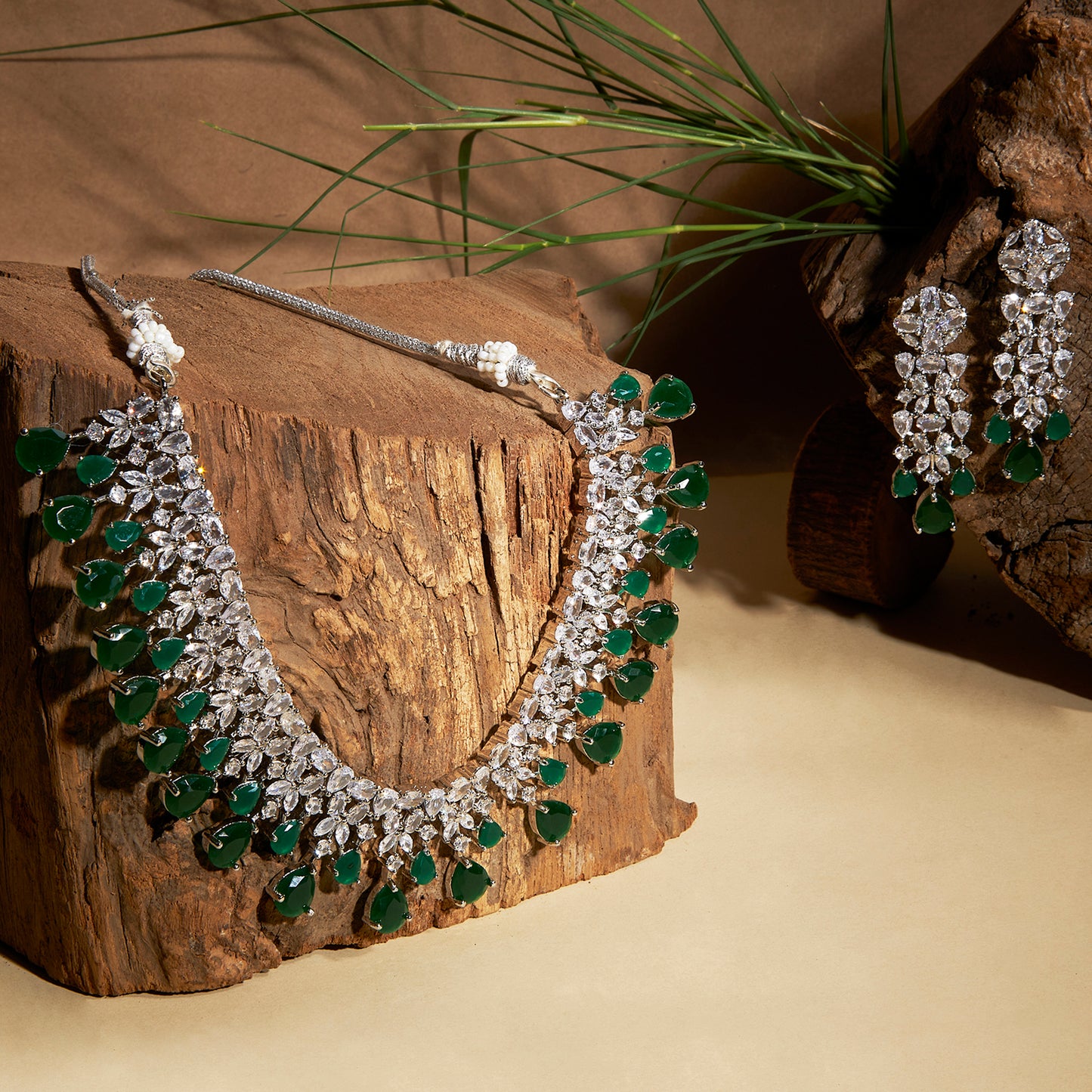 Emerald Eclat Gems- CZ stone Partywear Set - Mivanaa