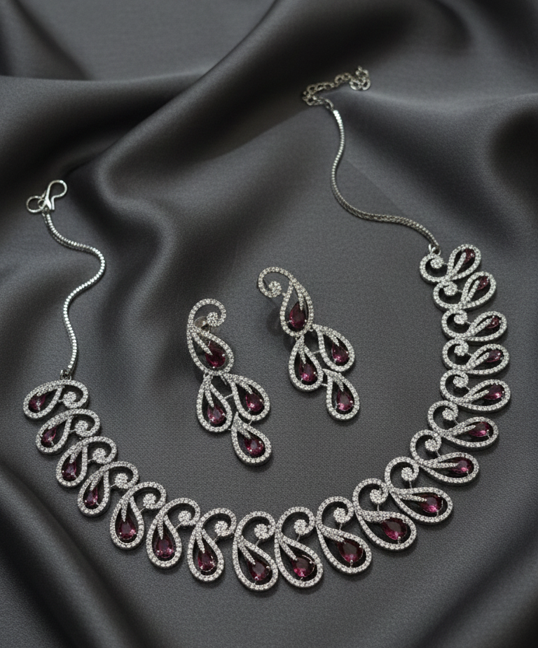 Ruby Teardrop American Diamond Statement Necklace Set