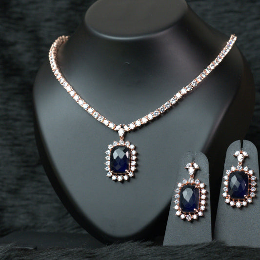 Rose gold Blue CZ Stone Necklace Set - Mivanaa