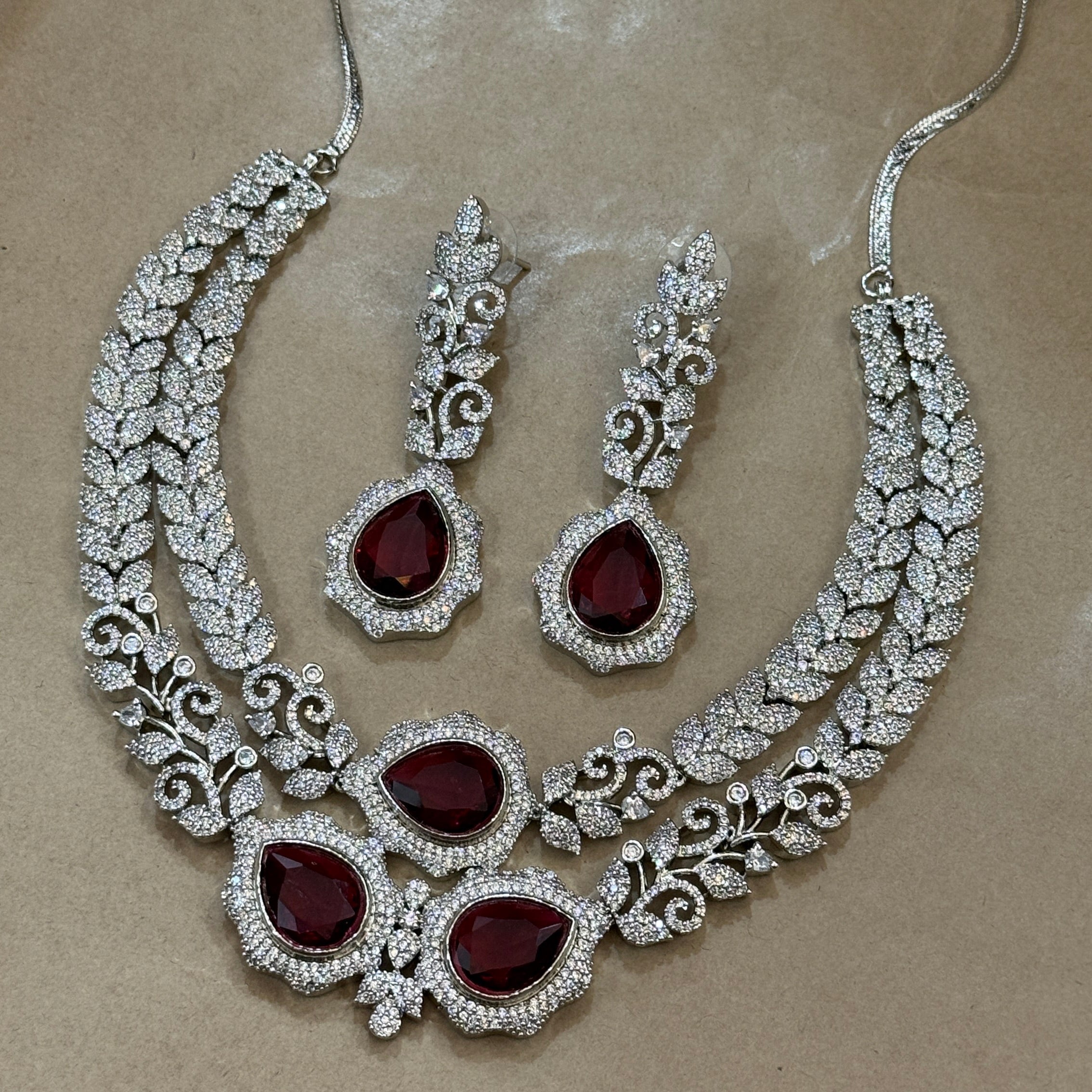 Imperial Ruby Leaf American Diamond Necklace Set