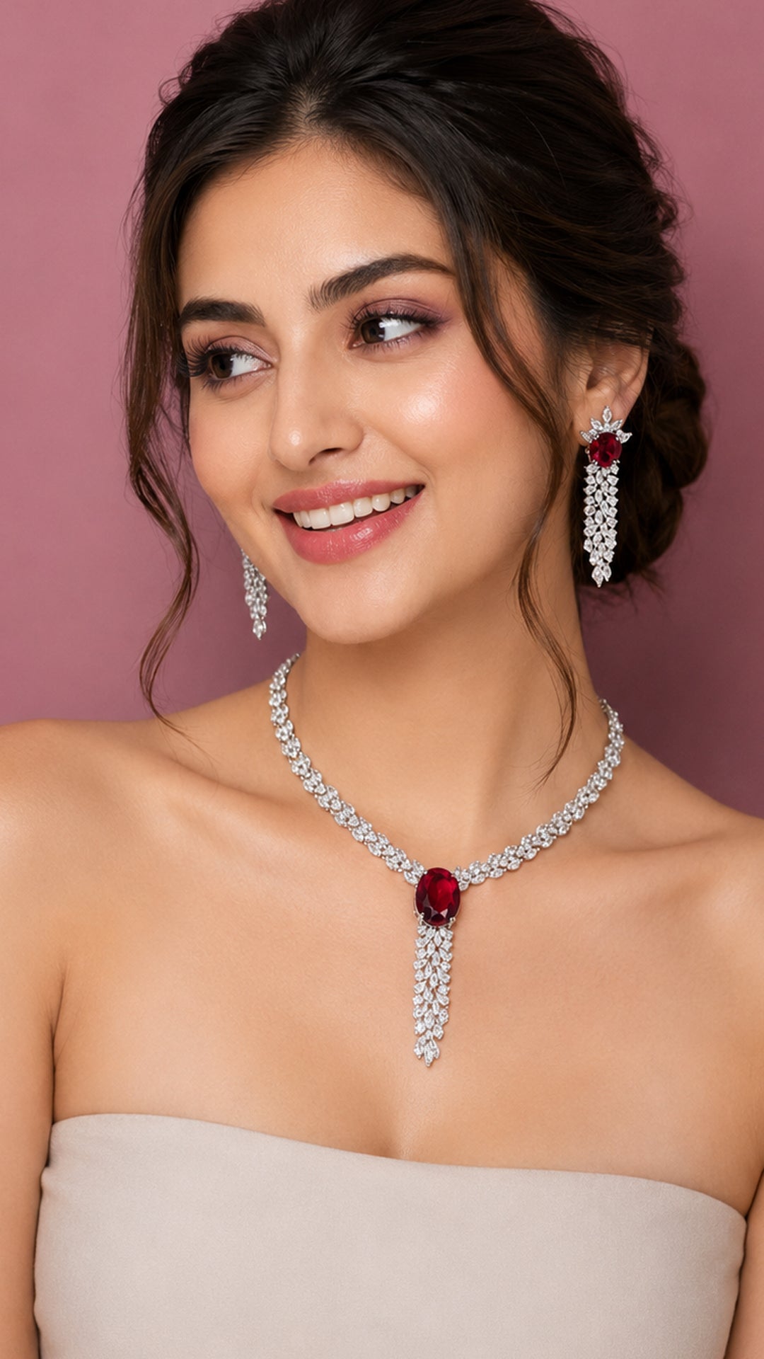 Ruby Red American Diamond Necklace Set