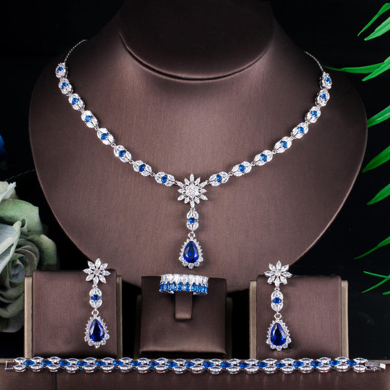 Blue Stone CZ Cubic Zircon 4pcs Set Necklace for Women Partywear & Wedding Jewelry