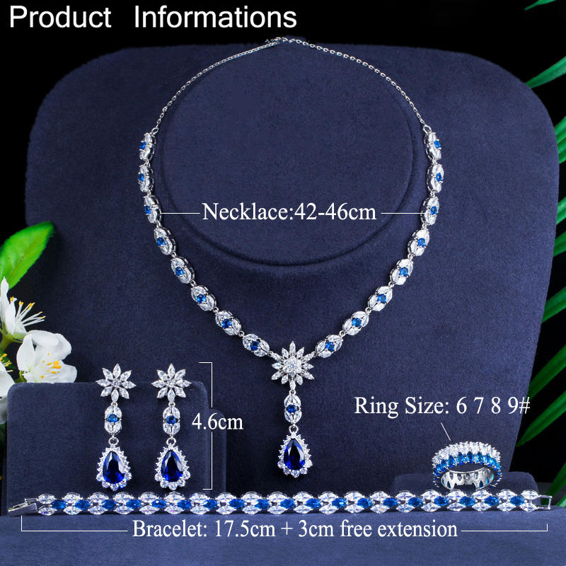 Blue Stone CZ Cubic Zircon 4pcs Set Necklace for Women Partywear & Wedding Jewelry