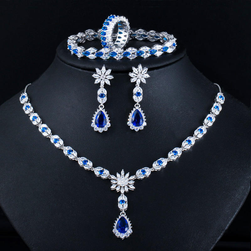 Blue Stone CZ Cubic Zircon 4pcs Set Necklace for Women Partywear & Wedding Jewelry