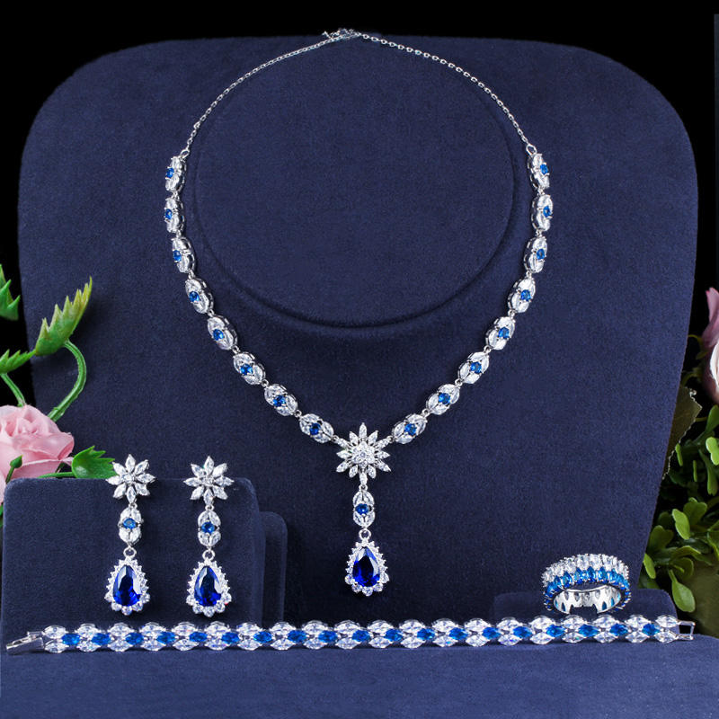 Blue Stone CZ Cubic Zircon 4pcs Set Necklace for Women Partywear & Wedding Jewelry