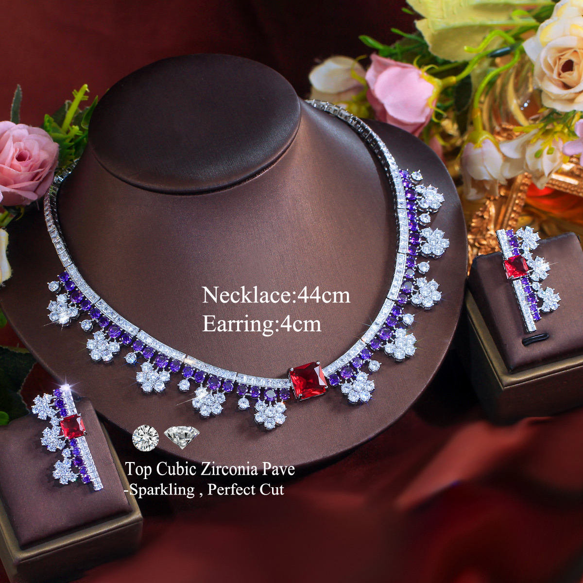 Purple Red Bridal Jewelry Set for Women Luxury Wedding