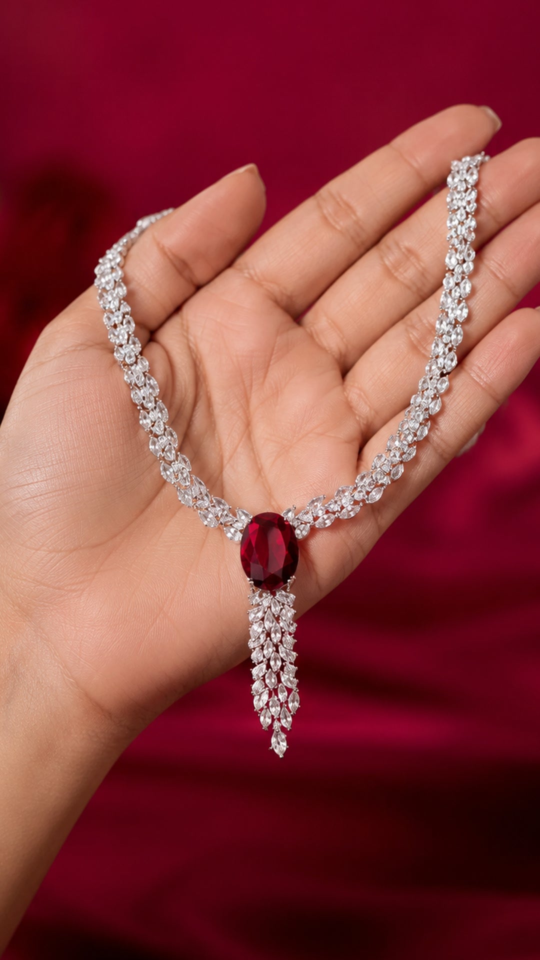 Ruby Red American Diamond Necklace Set