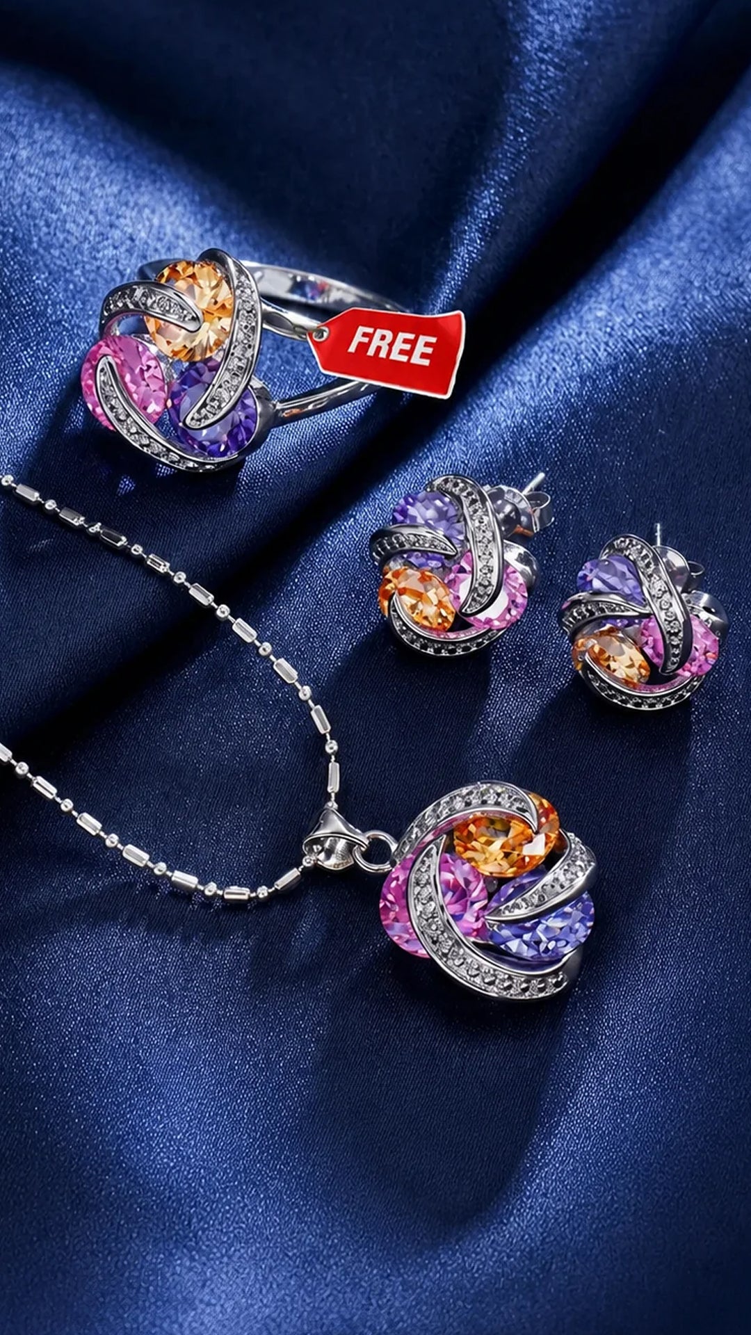 Elegant Multicolor Crystal 2 piece pendant set + Free Ring