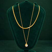 18K Gold Fashion Women's Stainless Steel Necklace Double-layered Layered Pearl Pendant