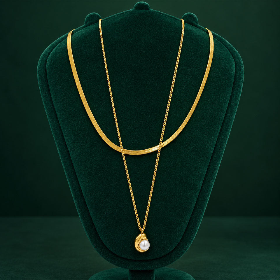 18K Gold Fashion Women's Stainless Steel Necklace Double-layered Layered Pearl Pendant