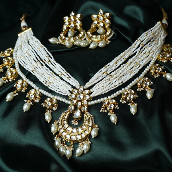 Gold Plated Kundan Polki & Pearl Long Necklace Set - Mivanaa