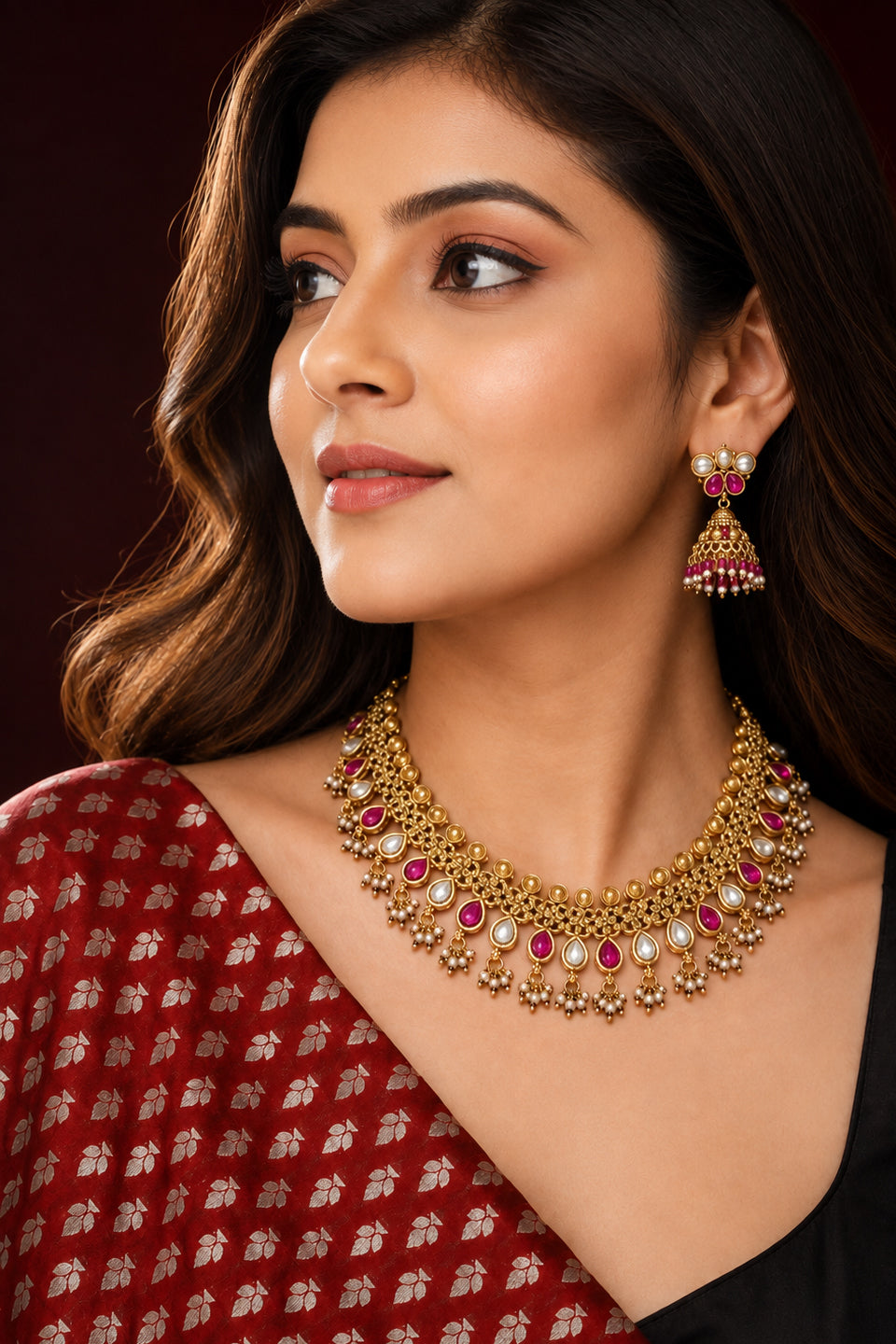 Ruby Kundan Gold-Polish Necklace Set