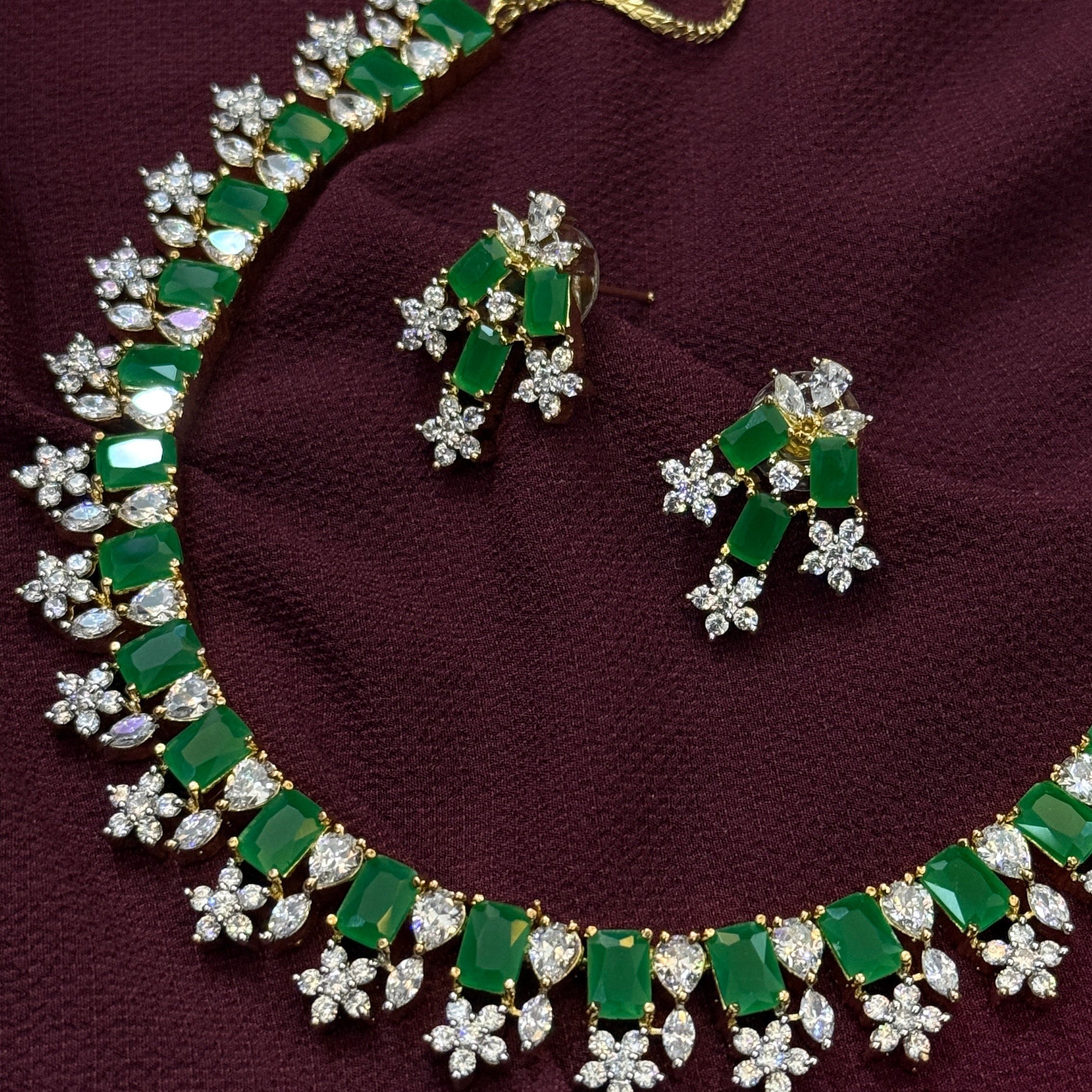 Emerald & Diamond Look Necklace Set - Partywear Jewelry