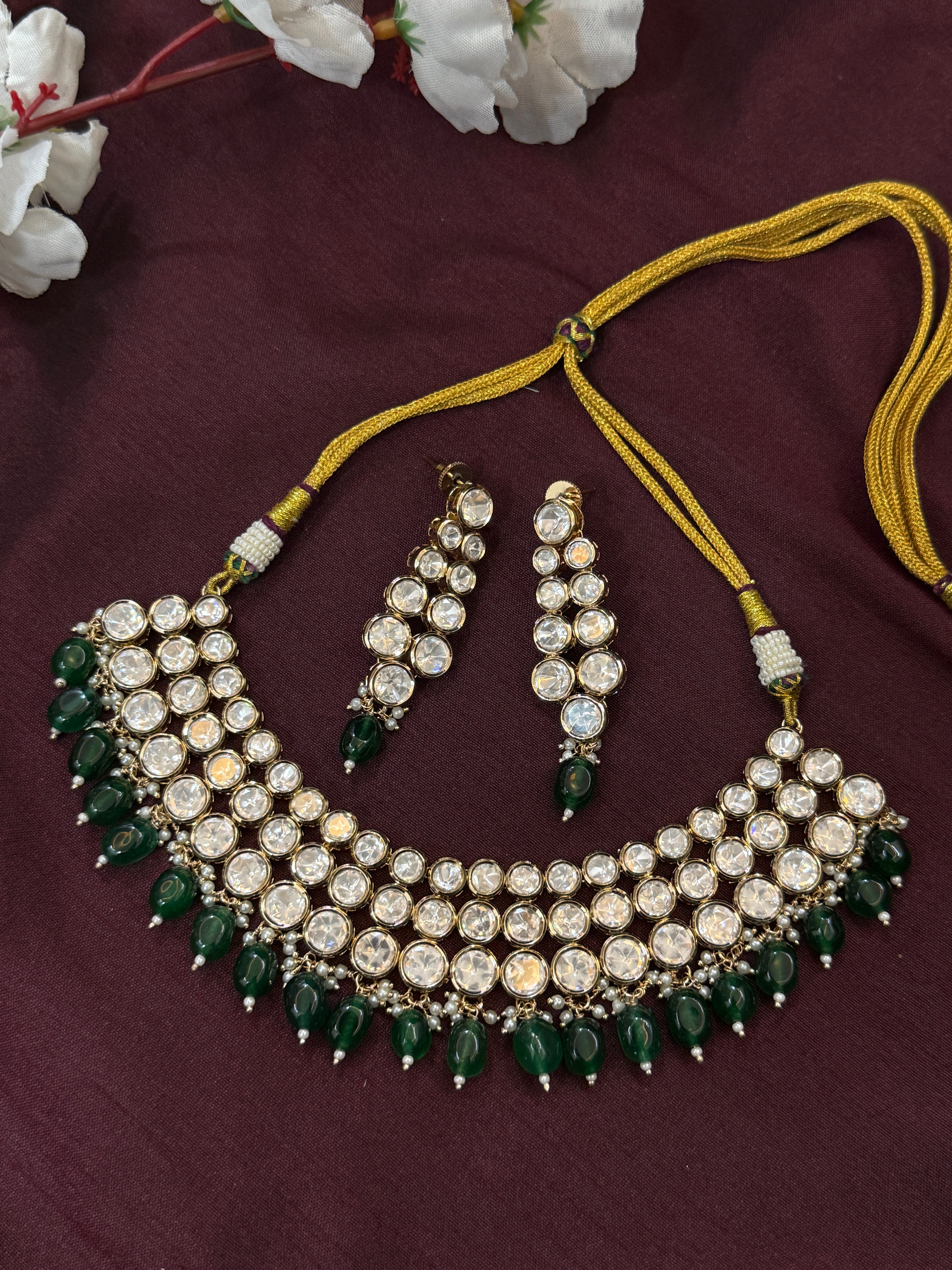 Royal Emerald Green Moissanite Kundan Bridal Necklace & Earrings Set
