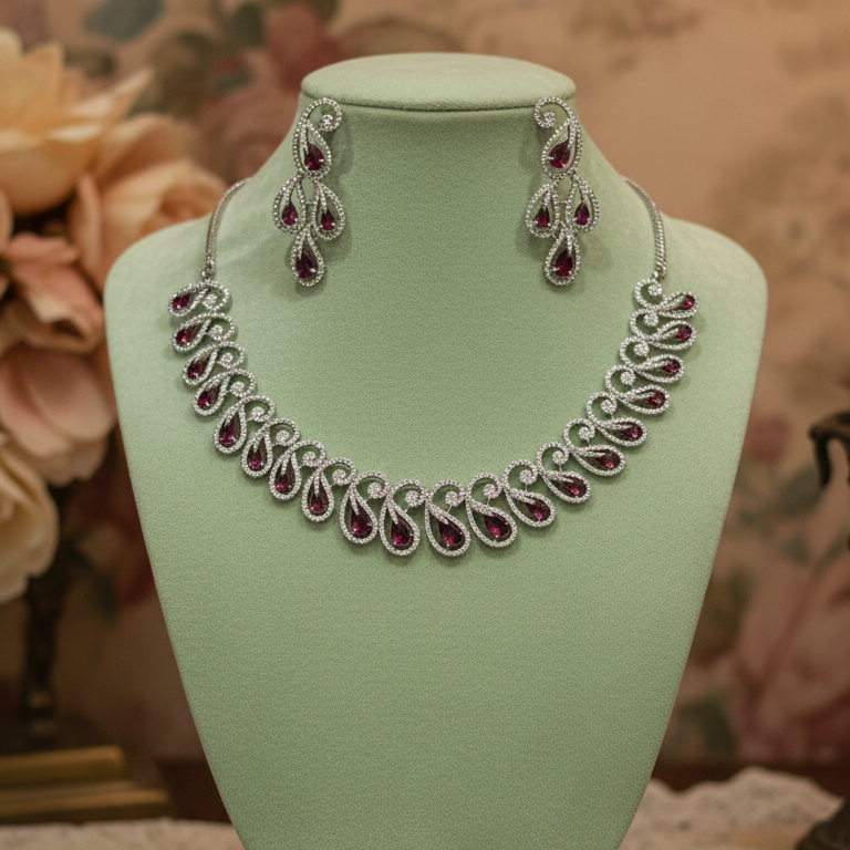 Ruby Teardrop American Diamond Statement Necklace Set