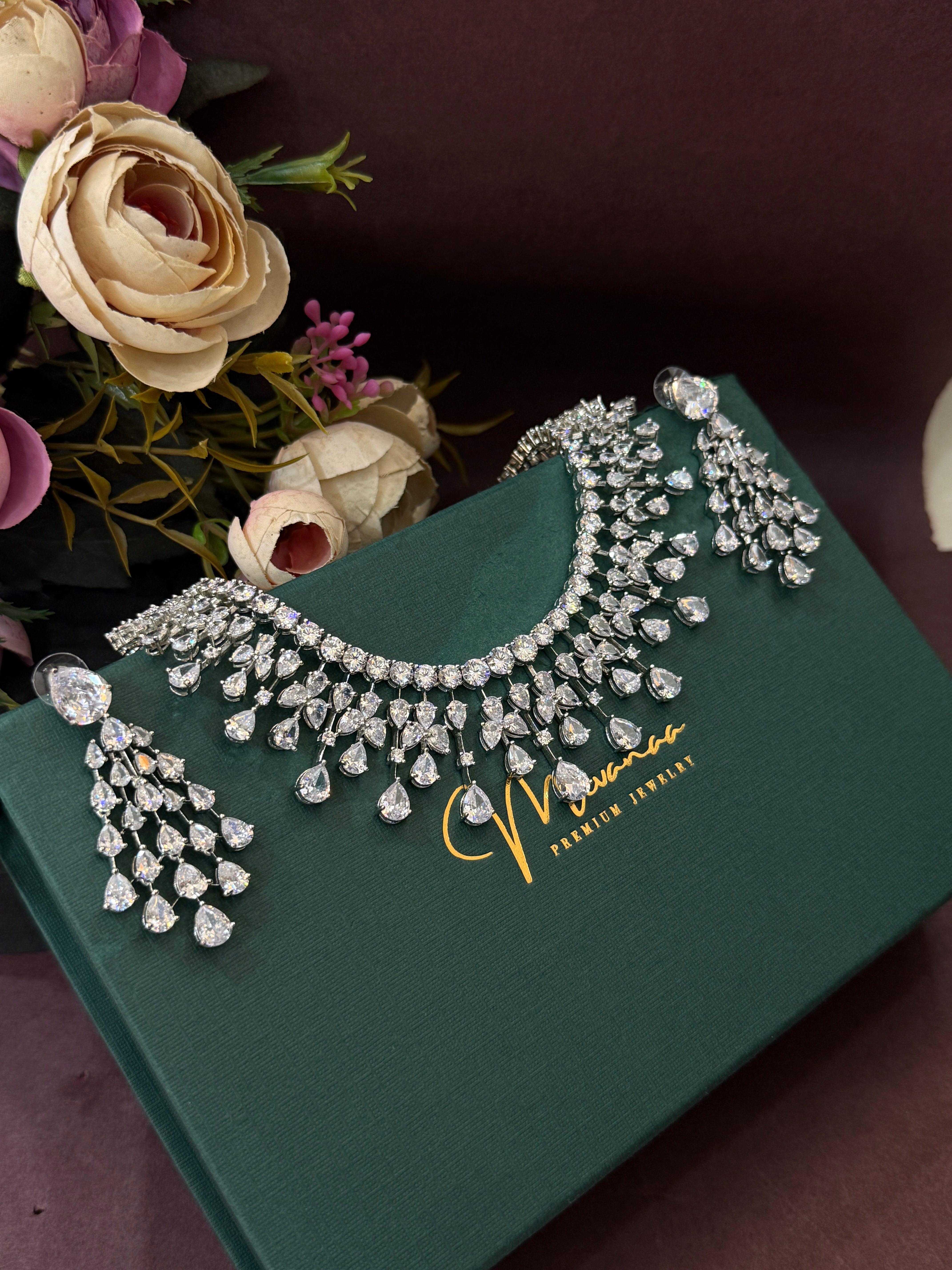 Glamorous Waterdrop CZ Necklace Set with Statement Earrings