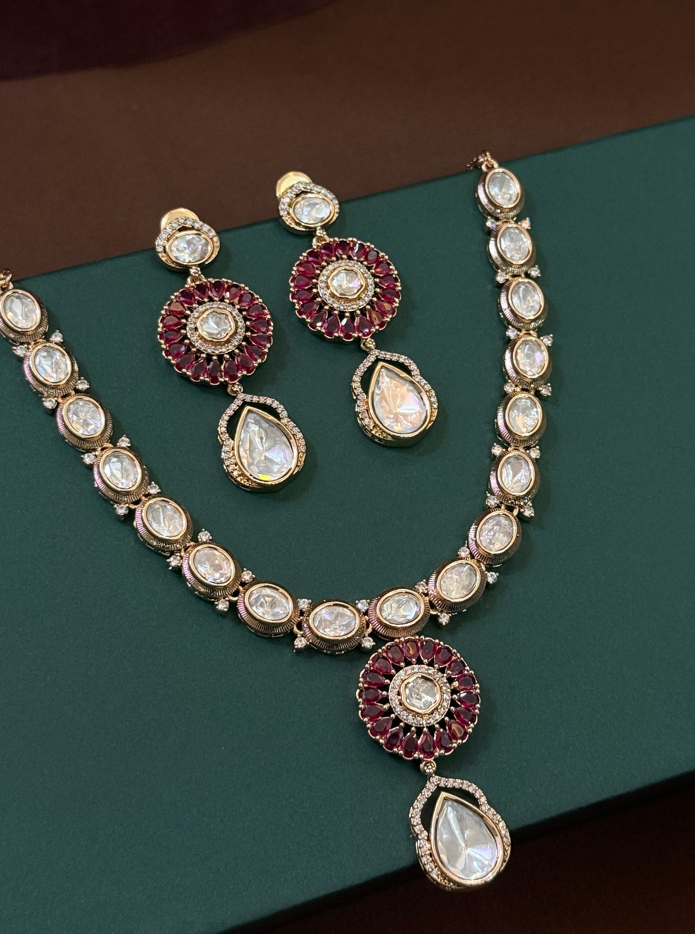 Elegant Ruby Kundan Teardrop Necklace Set