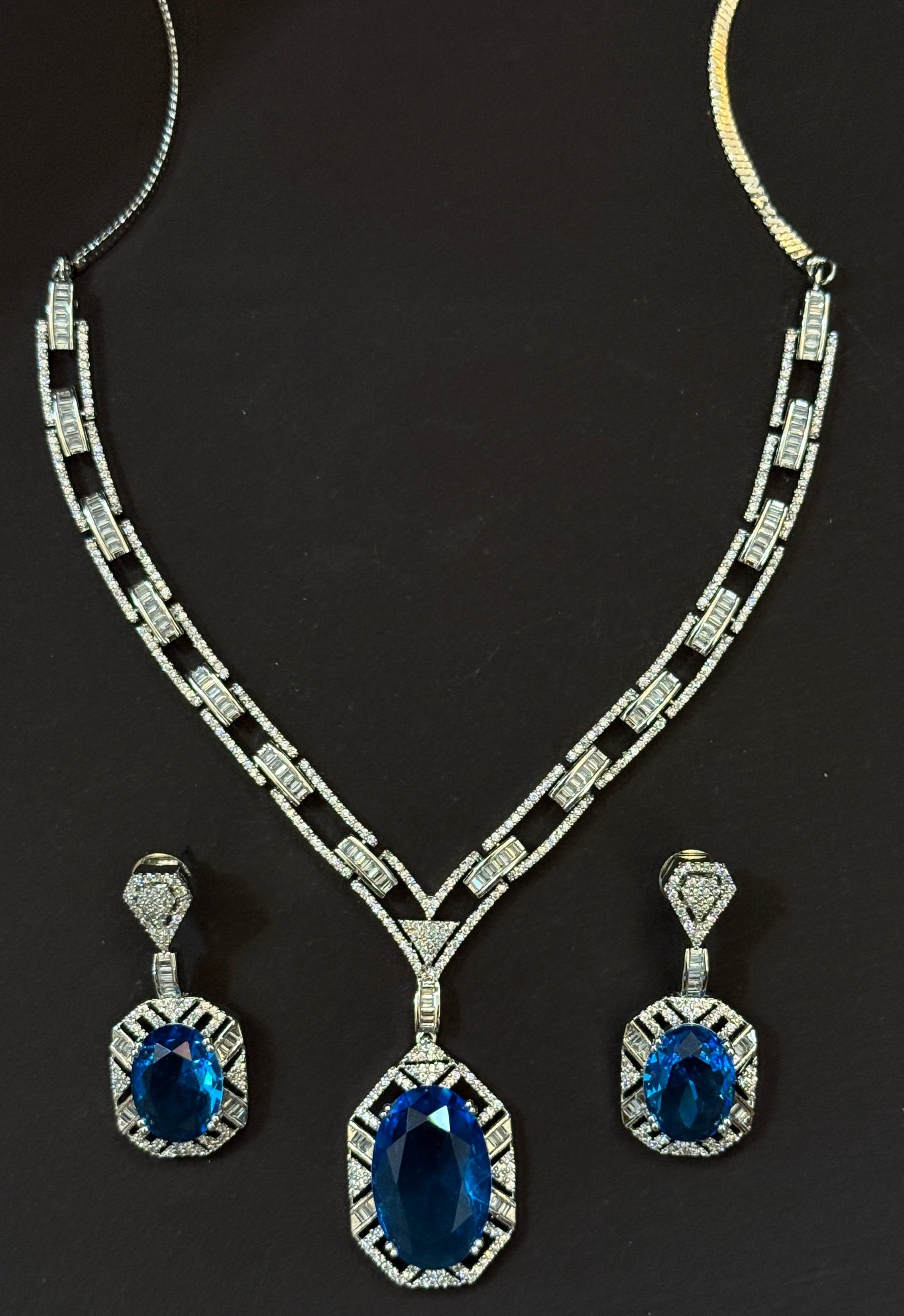 Royal Blue Stone Diamond-Finish Necklace