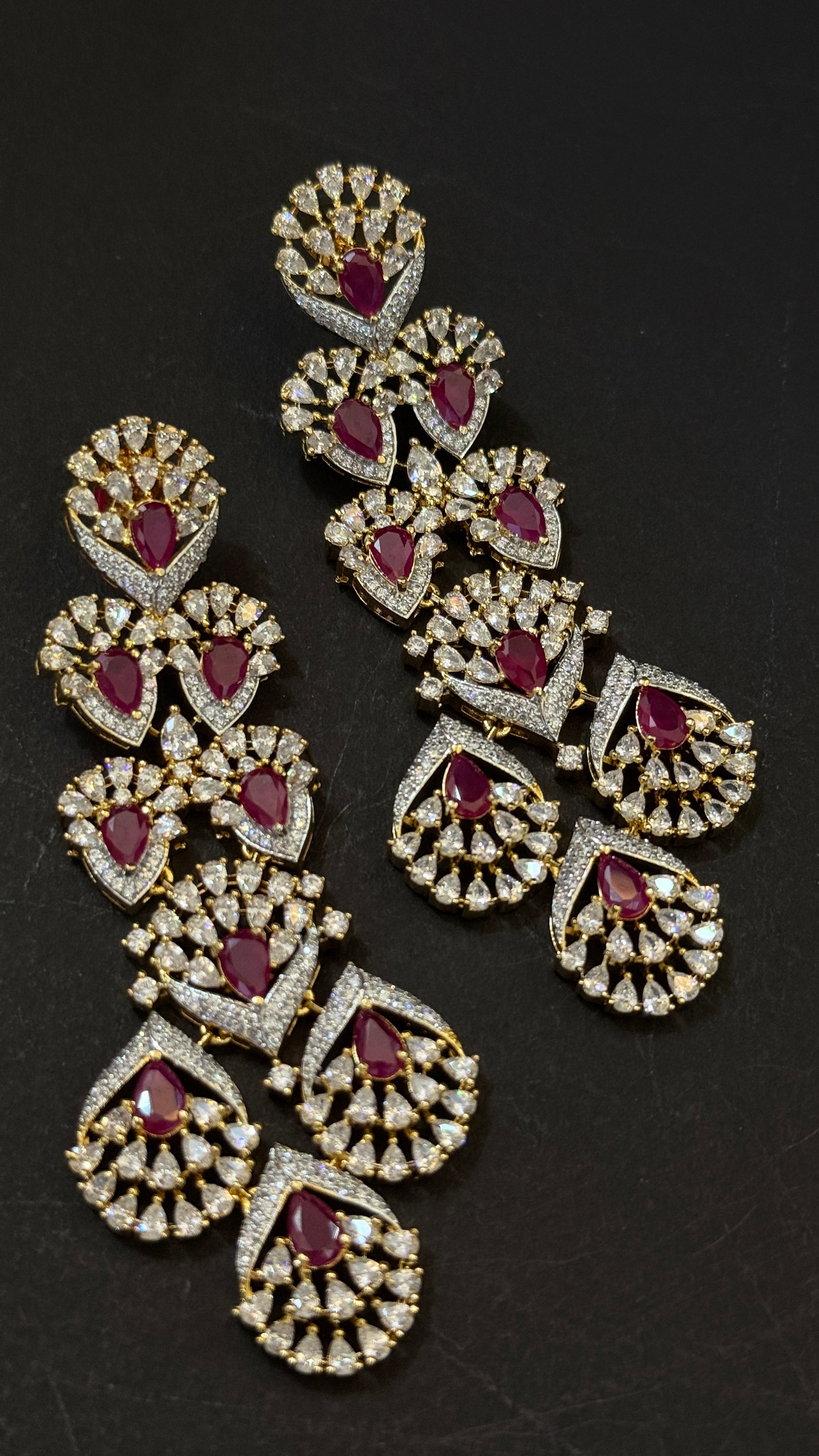 Luxury Ruby Red Teardrop American Diamond Long Earrings