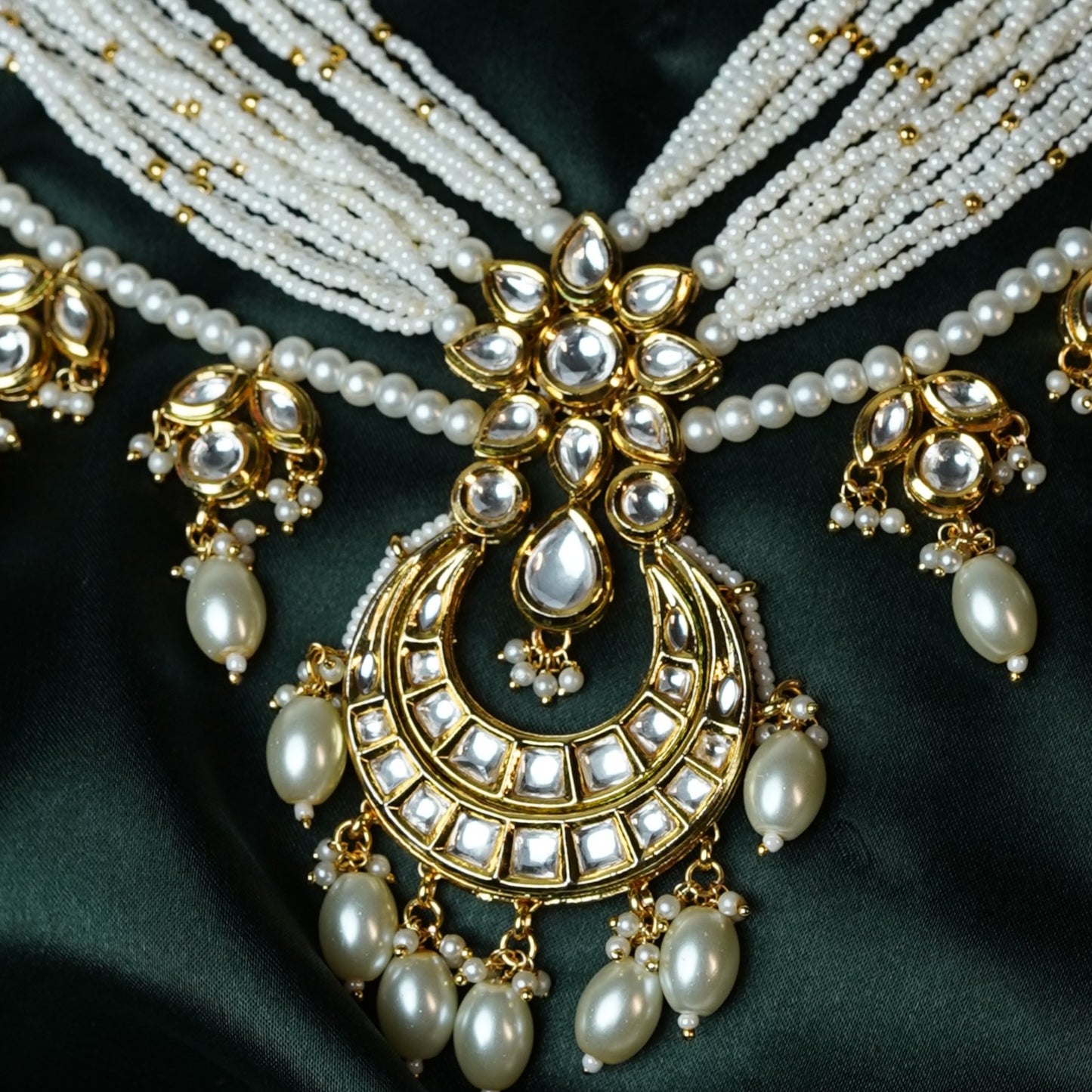 Gold Plated Kundan Polki & Pearl Long Necklace Set - Mivanaa