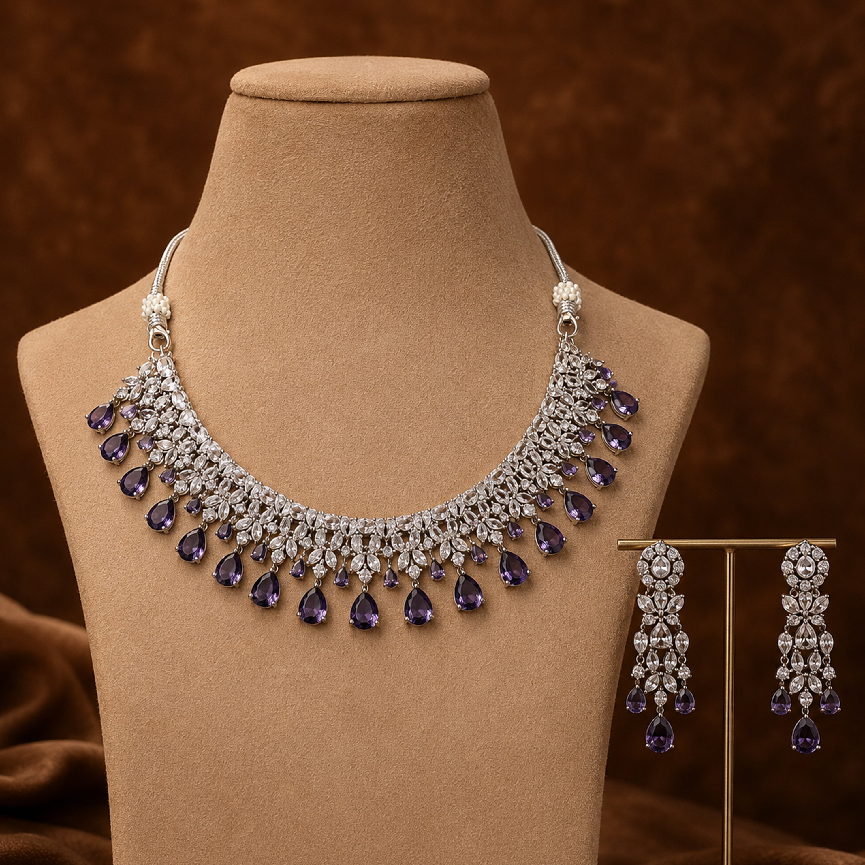 Luxury Purple CZ Diamond Necklace Set