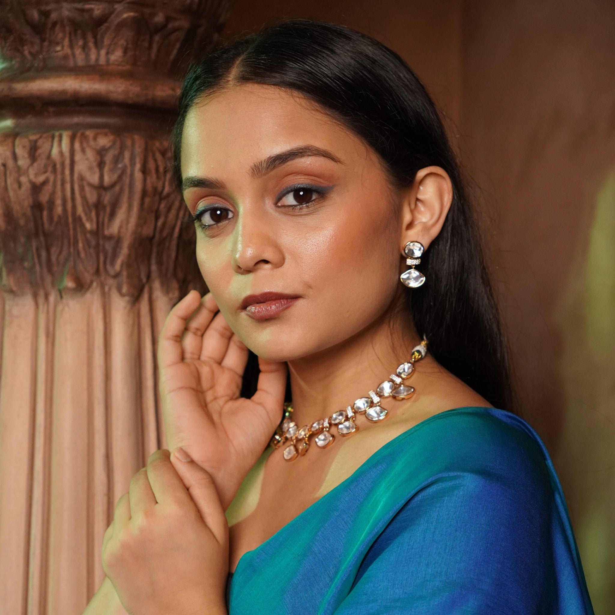 Classic 2 Liner Polki Necklace Set-Mivanaa