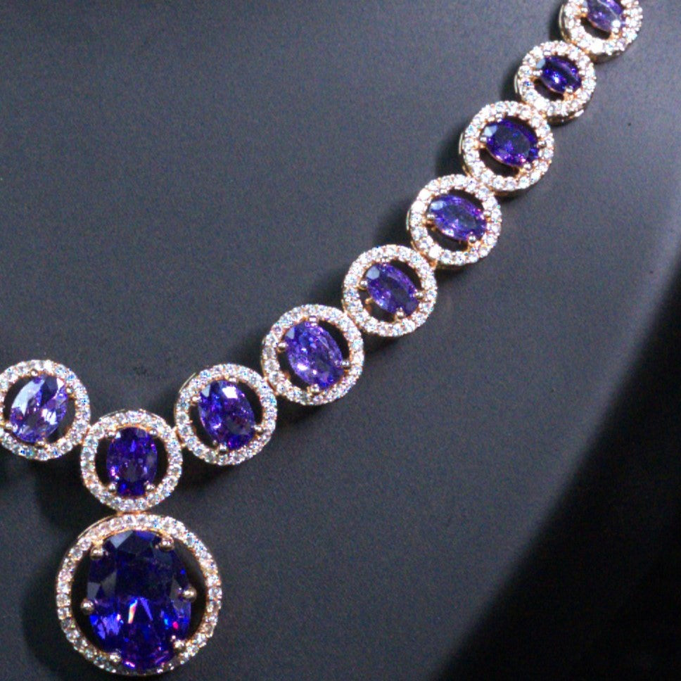 Purple Rose gold American diamond necklace set - Mivanaa