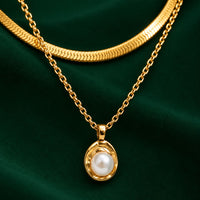 18K Gold Fashion Women's Stainless Steel Necklace Double-layered Layered Pearl Pendant