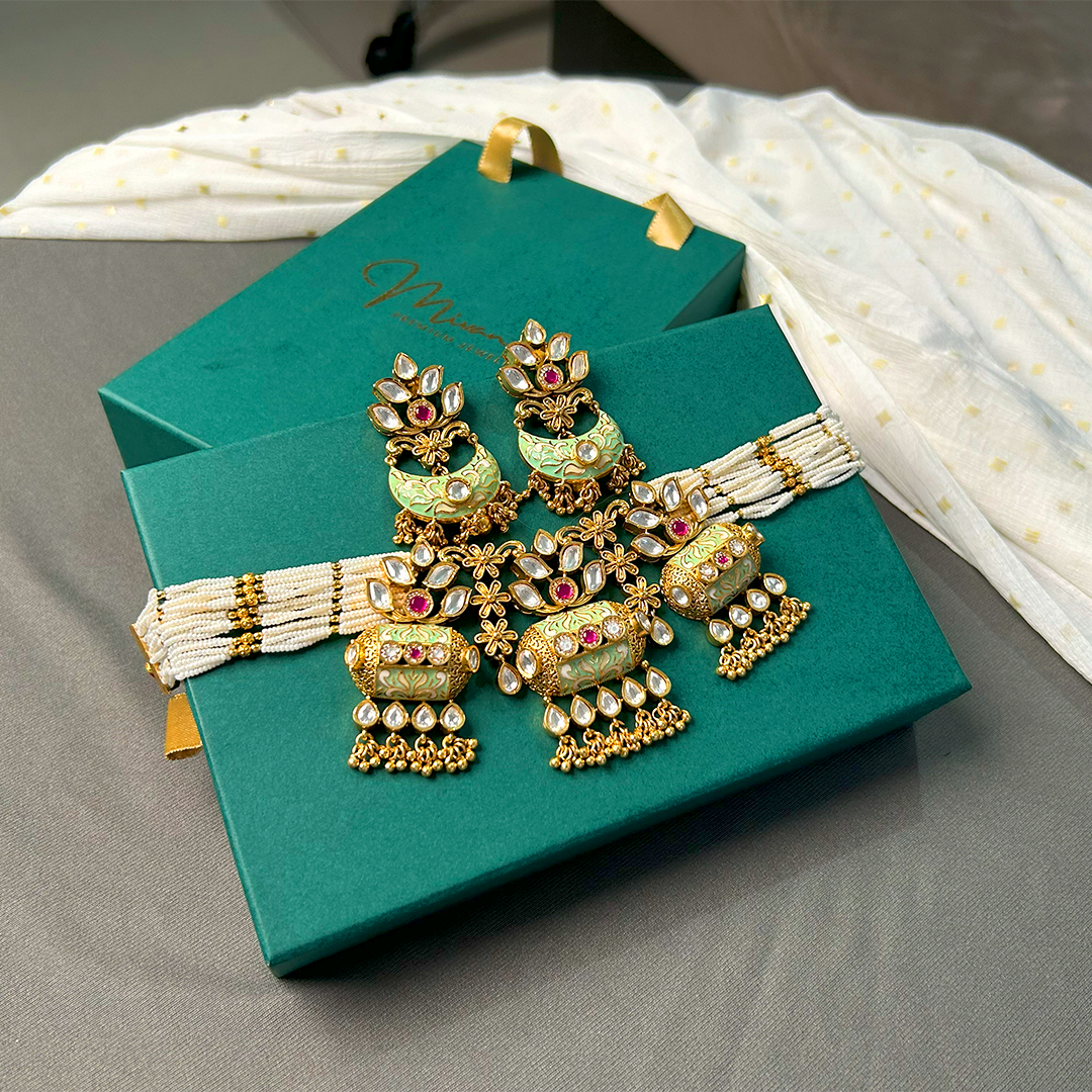 Royal Floral Design Green Kundan Set