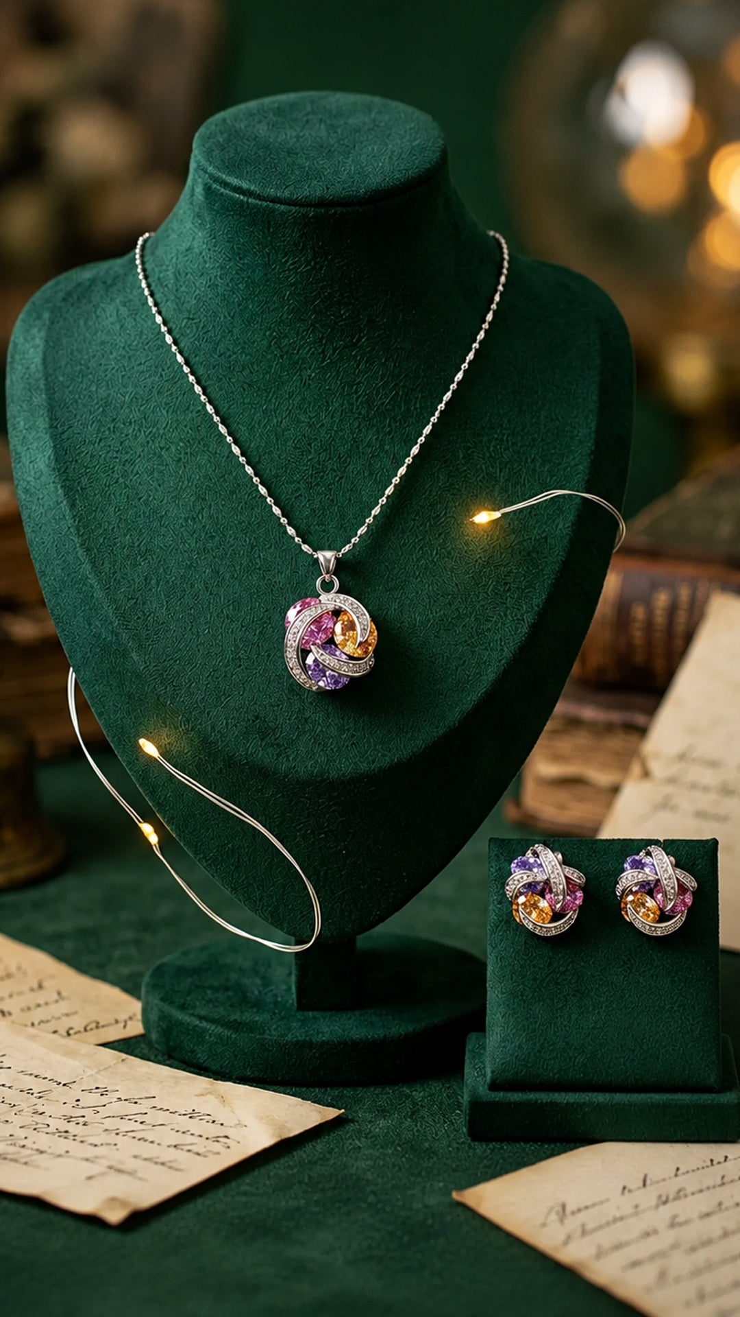 Elegant Multicolor Crystal 2 piece pendant set + Free Ring