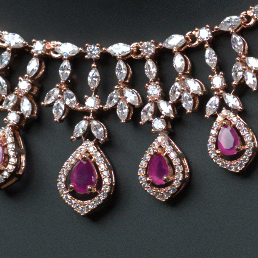 Gracy Ruby Rose gold CZ Designer Necklace Set-Mivanaa