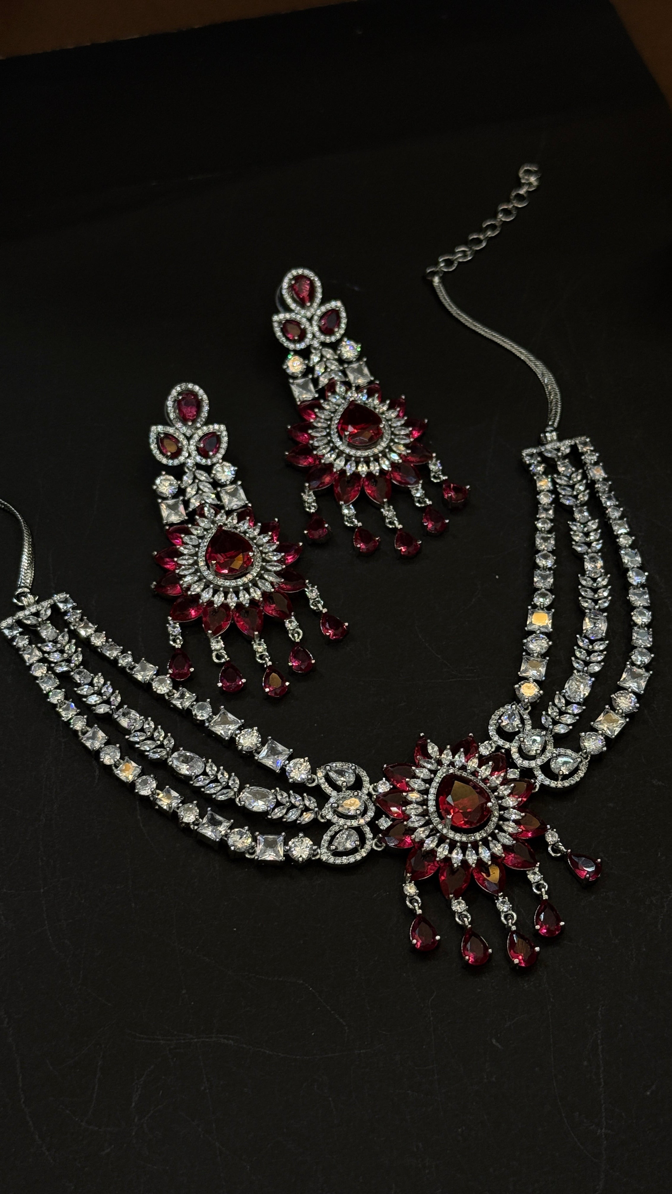 Ruby Red American Diamond Necklace Set