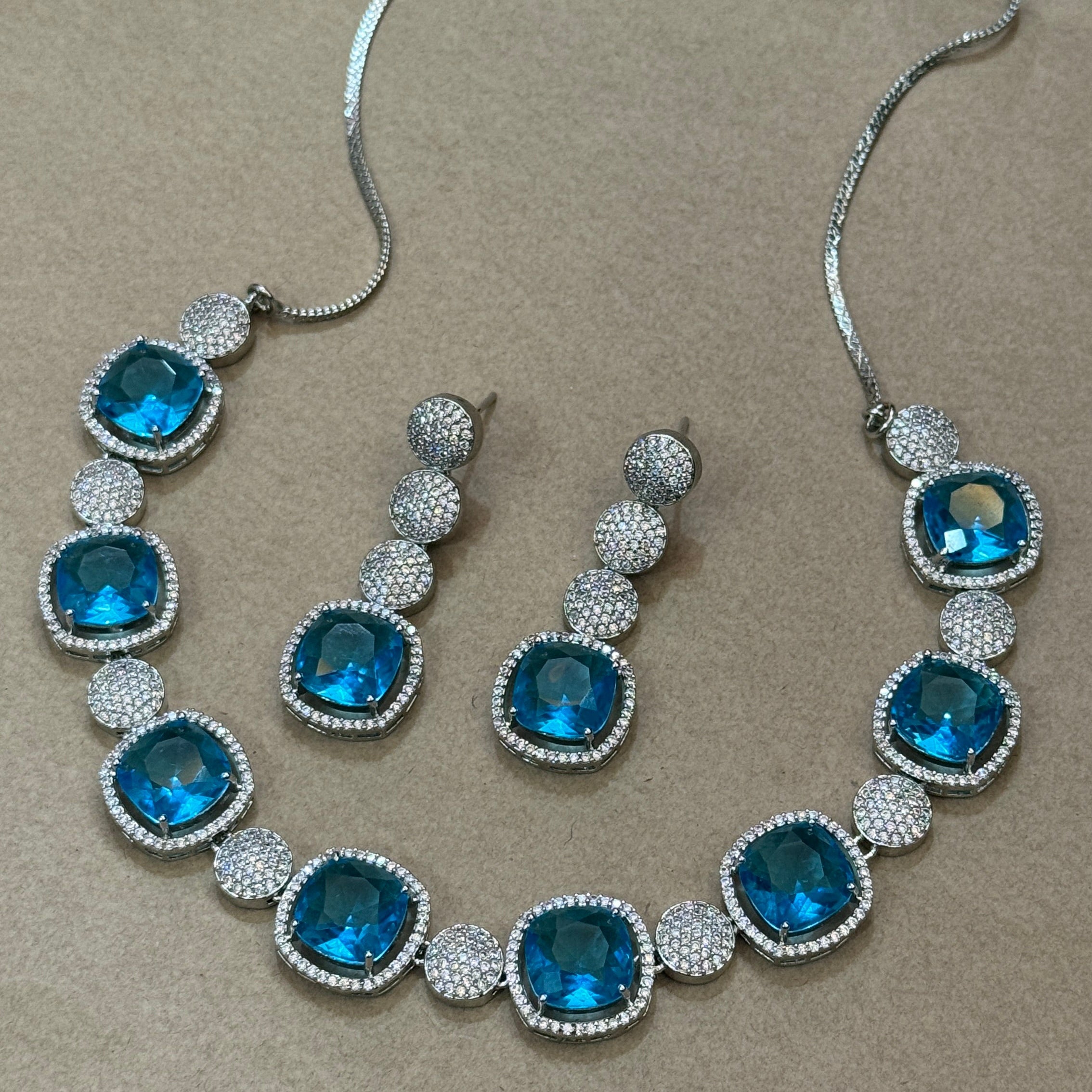 Blue Cushion Cut American Diamond Necklace Set