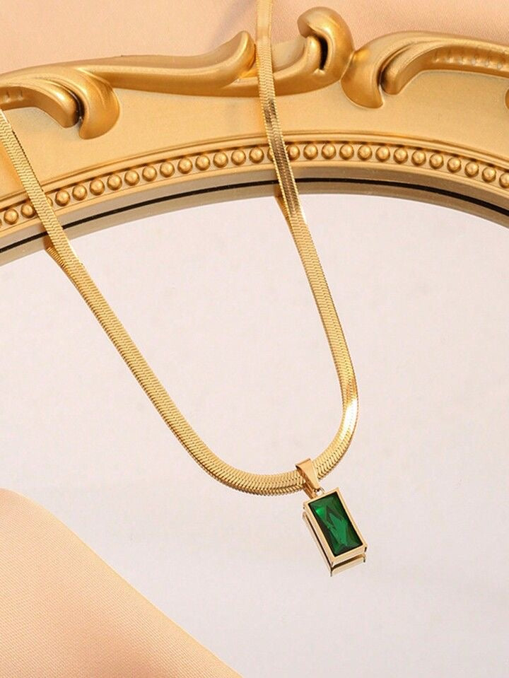 Green Stone Gold-Plated Stainless Steel Pendant Set