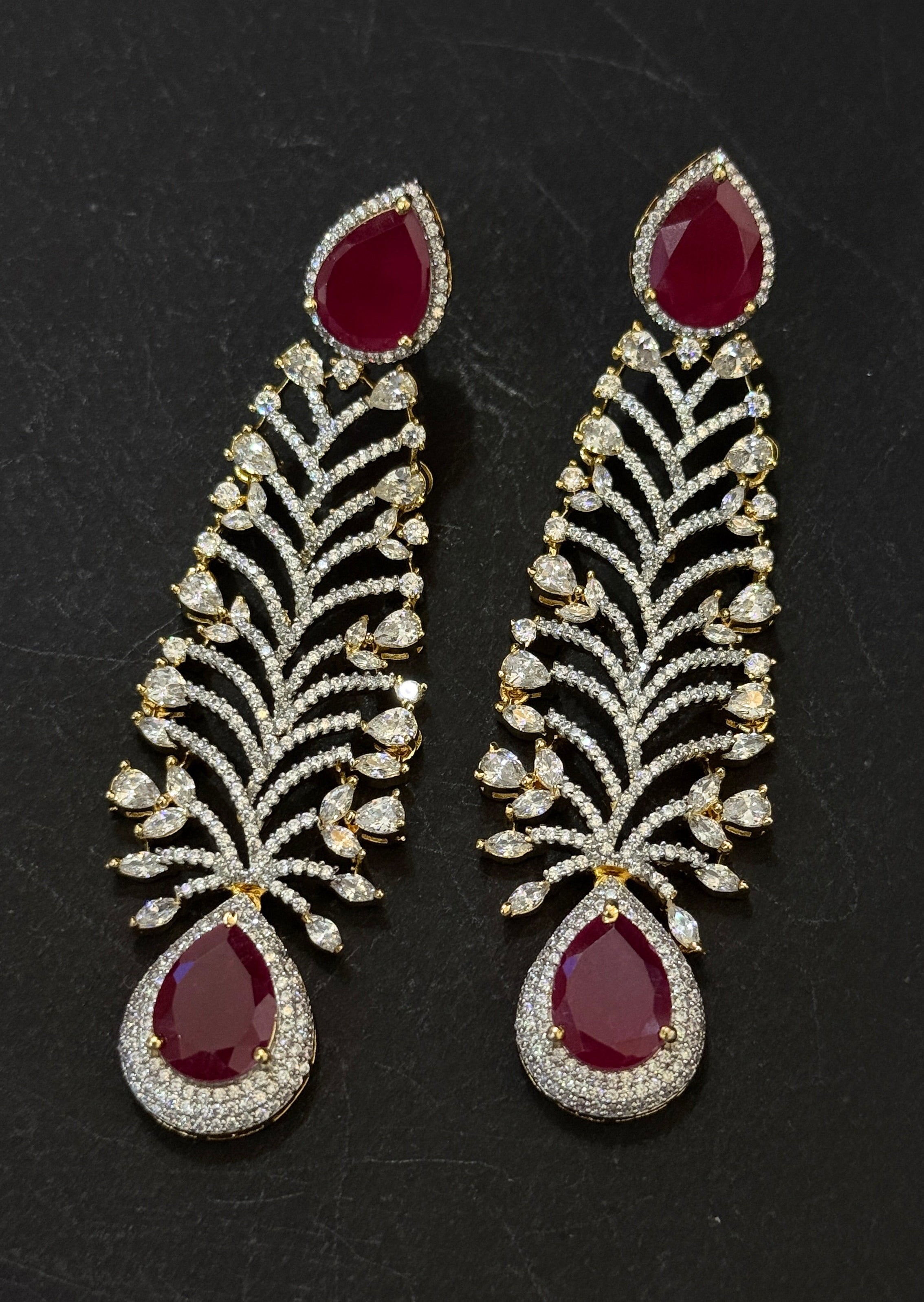 Ruby Red Teardrop Leaf Design American Diamond